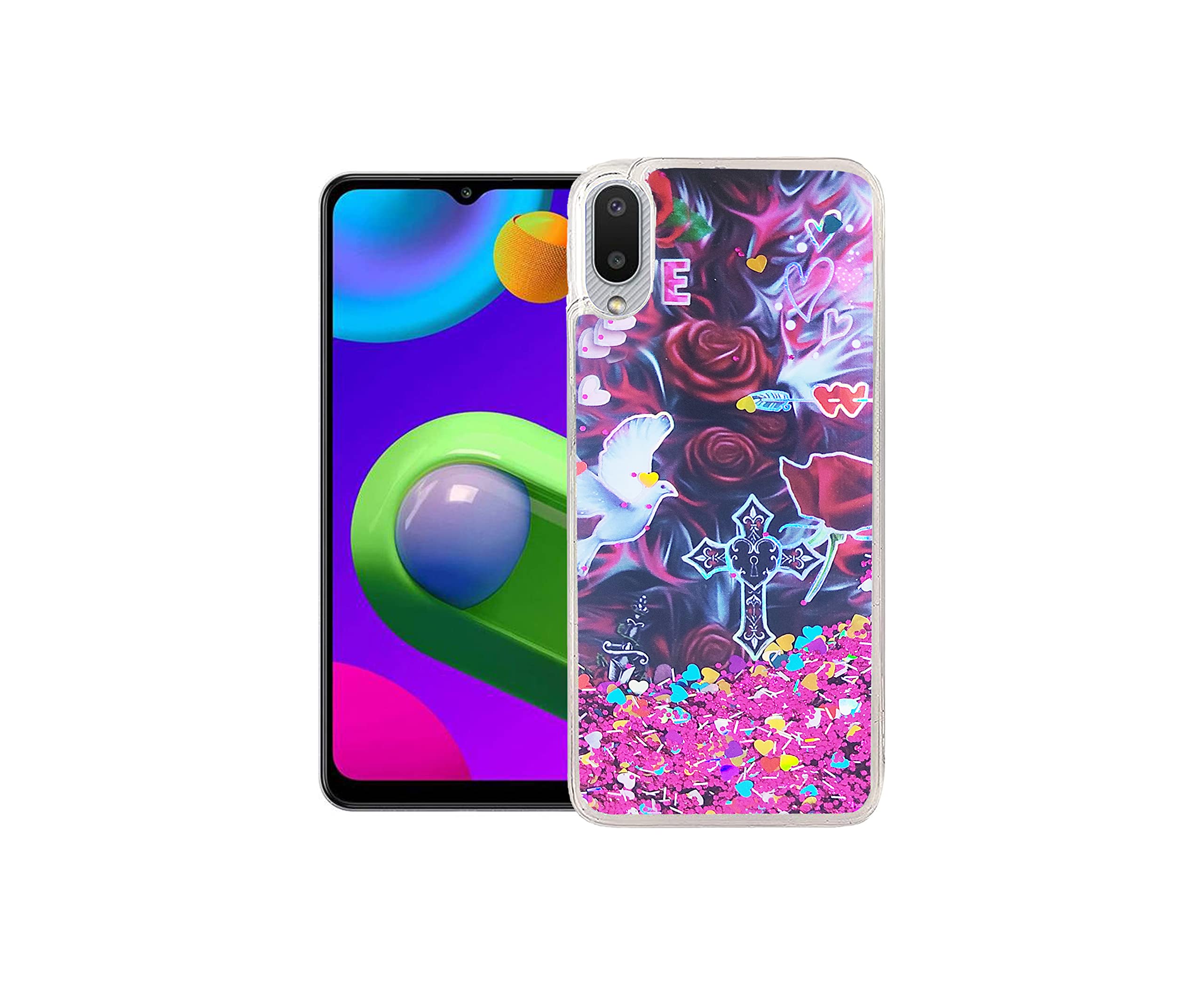 GBAKS Back Cover for Samsung M02(Fully Glitter and Liquid with Printed Bird & Heart in The Middle)