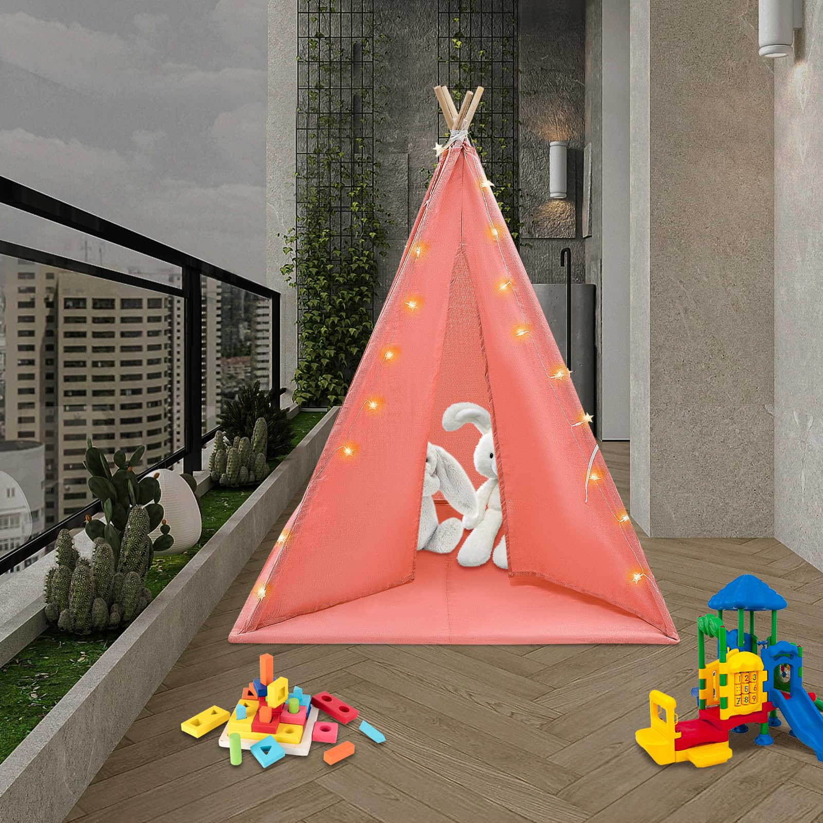 Tenda per bambini, tenda con luce, tenda da gioco per interni ed esterni, con imbottita, pieghevole, con catena luminosa, traspirante, in cotone e canapa (rosso)