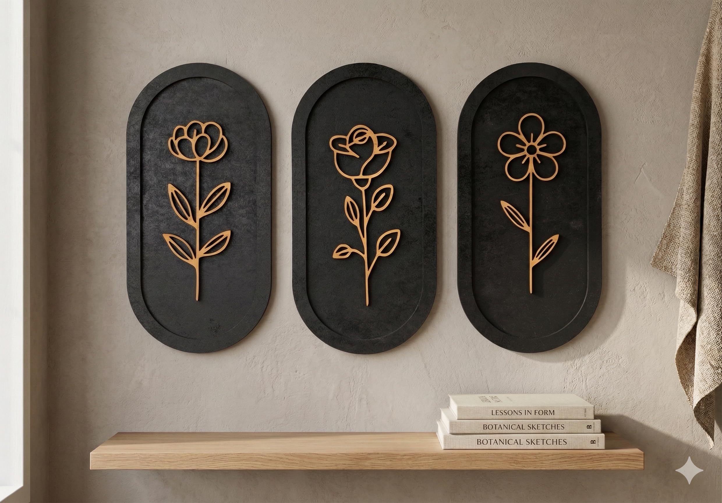 DECOR LINE 3 Piece Wooden Floral Wall Art Set | Modern Wall Decor for Living Room, Bedroom & Office | Elegant Home Decoration Panels | Contemporary Wall Hanging Frames | Premium Floral MDF Wall Art Set of 3 - Black Oval Wooden Wall Decor with Flower Design for Living Room & Bedroom (24cm x 12cm Each)-image-30