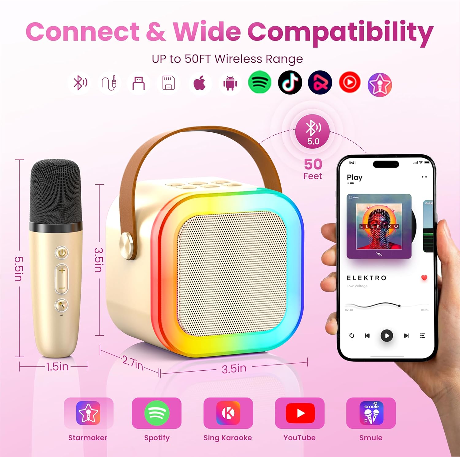 Mini Karaoke Machine for Kids Adults, Portable Bluetooth Speaker with 2 Wireless Karaoke Microphones, 2026 TOP Birthday for Girls Boys 3,4,5,6,7,8+Year Old Toddler Toys Karaoke Player Valentine(Gold) - Image 6