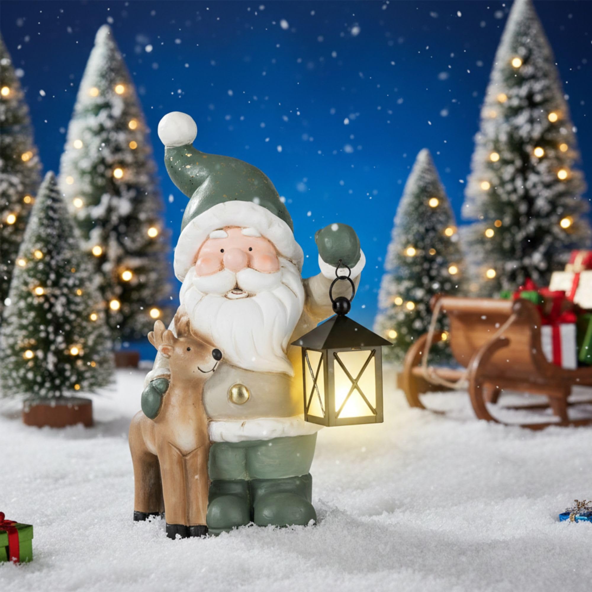 Weihnachtsdeko Figuren Groß 42cm Weihnachtsfiguren Beleuchtet Innen LED Figuren Weihnachten mit Timer Winterdeko Fensterbank Deko Figur mit Laterne Wohnzimmer Wichtel Elch Schneemann Santa Claus
