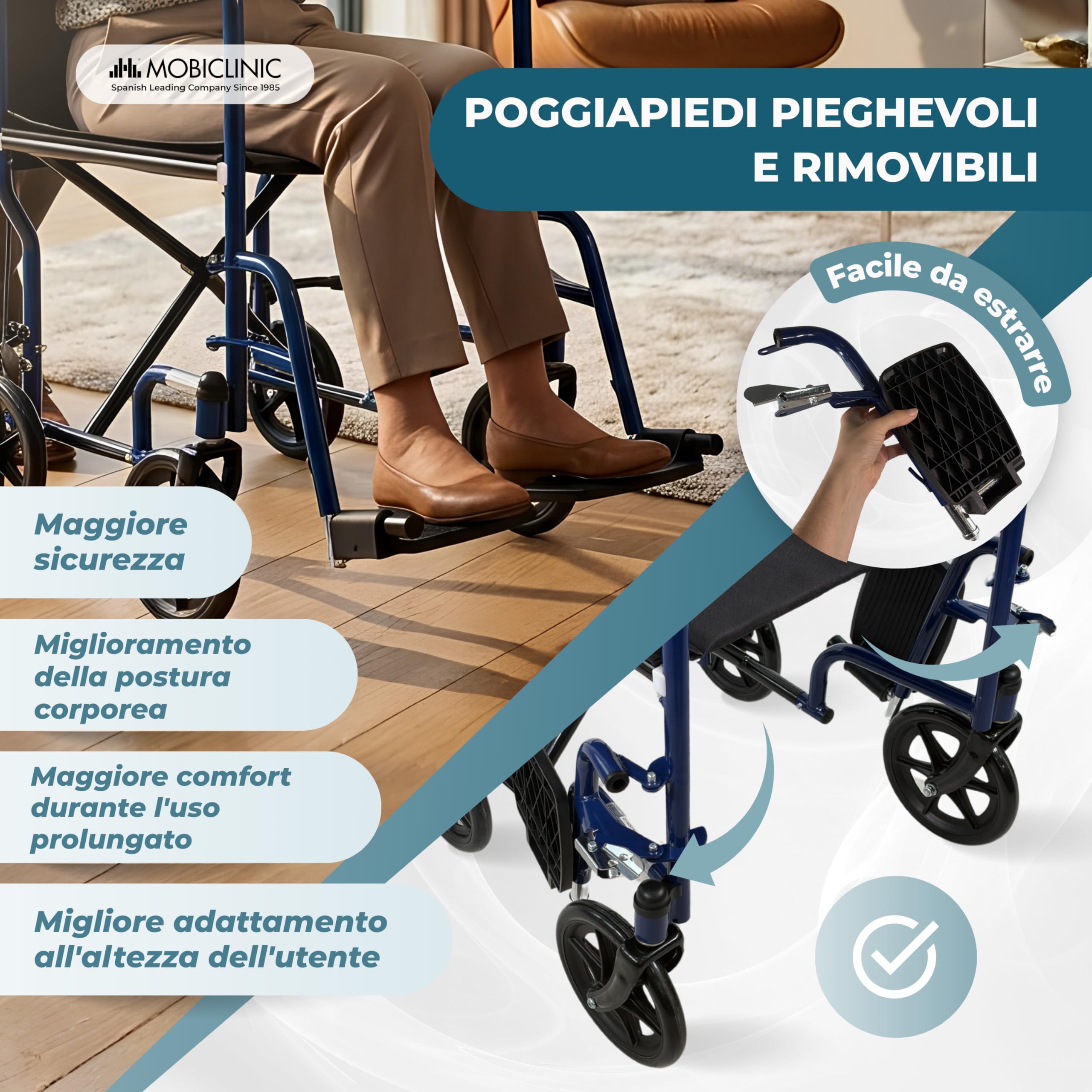 Mobiclinic®, Sedia a Rotelle Pieghevole, da Transito, Schienale pieghevole, Poggiapiedi Removibili, Doppio Sistema Frenante, Braccioli Imbottiti, Acciaio, Leggera e Compatta, Napoli