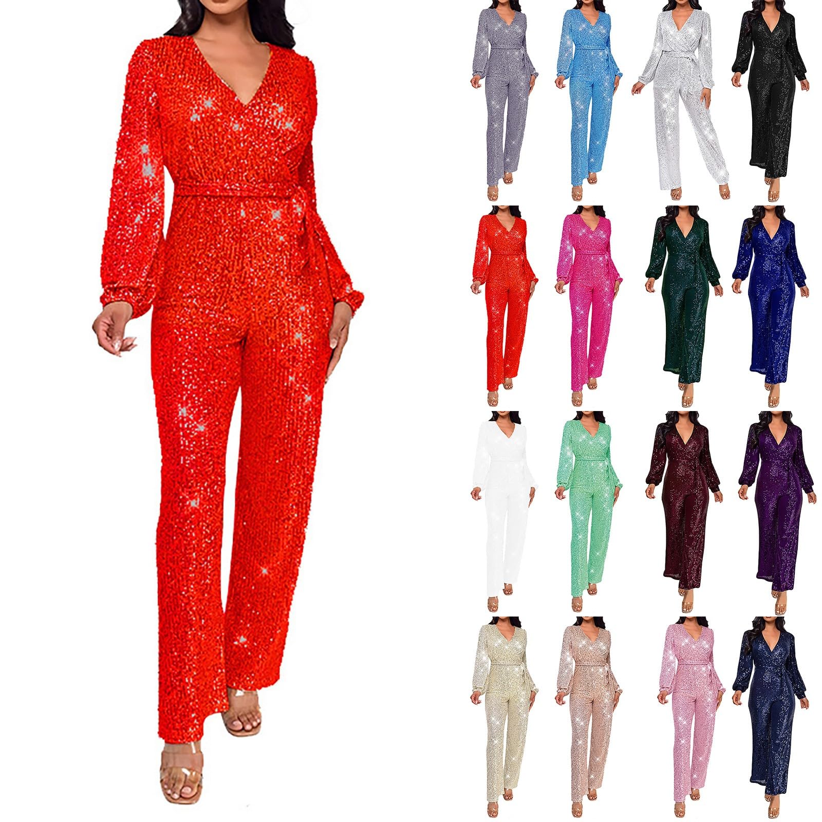 Tuta da donna lucida estiva lunga con paillette, salopette con scollo a V, per cocktail, per matrimonio, a vita alta, per matrimonio, per matrimonio