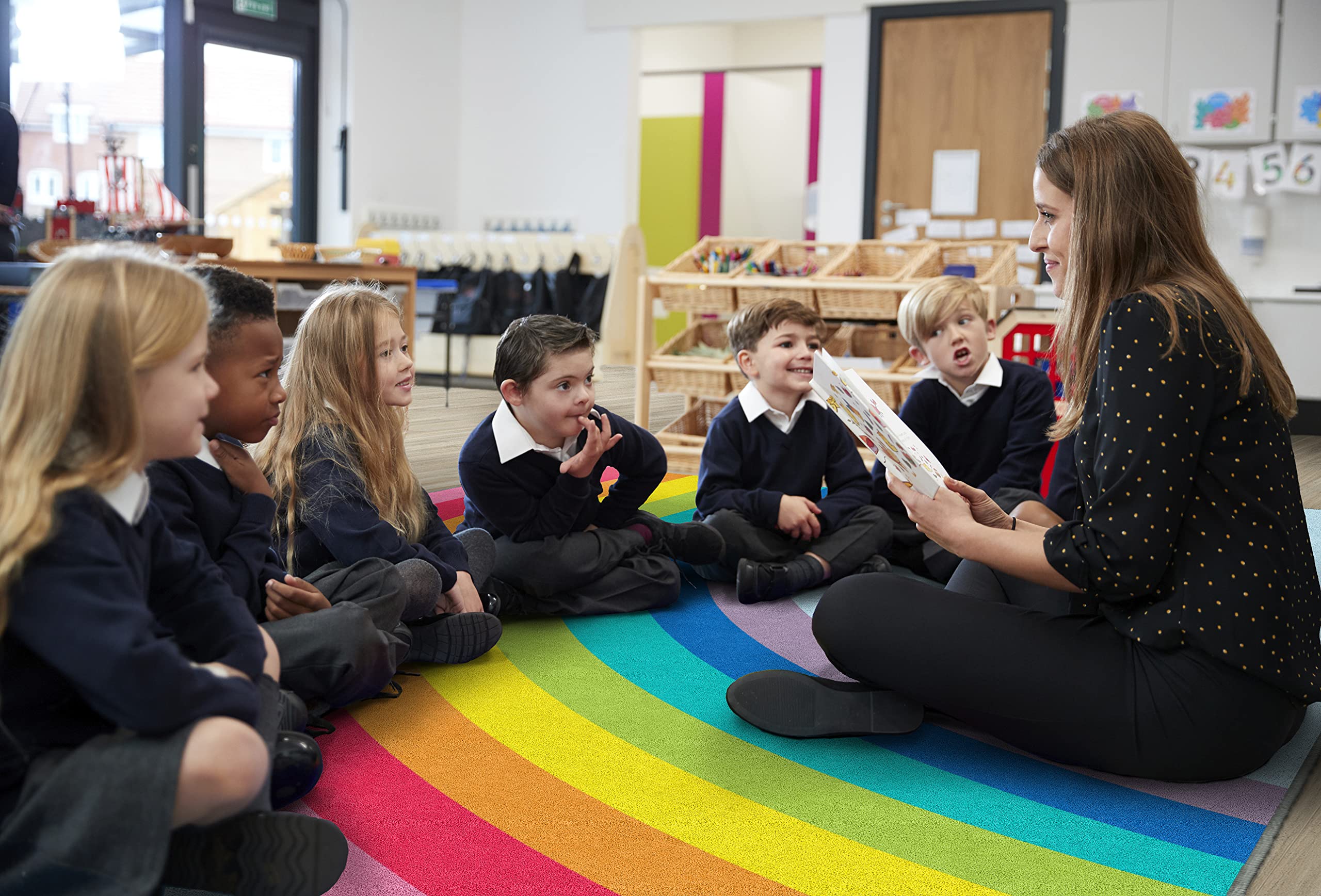 Flagship Carpets Schoolgirl Style Hello Sunshine Modern Rainbow Classroom Area Rug for Indoor Classroom Learning or Kid Bedroom Educational Play Mat, 7'6