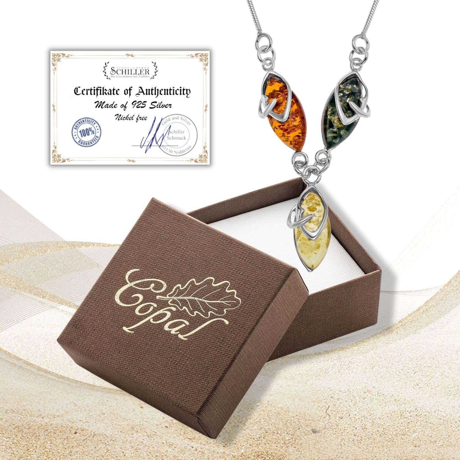 Copal Collana Con Catena In Argento E Pendente A Goccia Di Ambra Baltica Multicolore