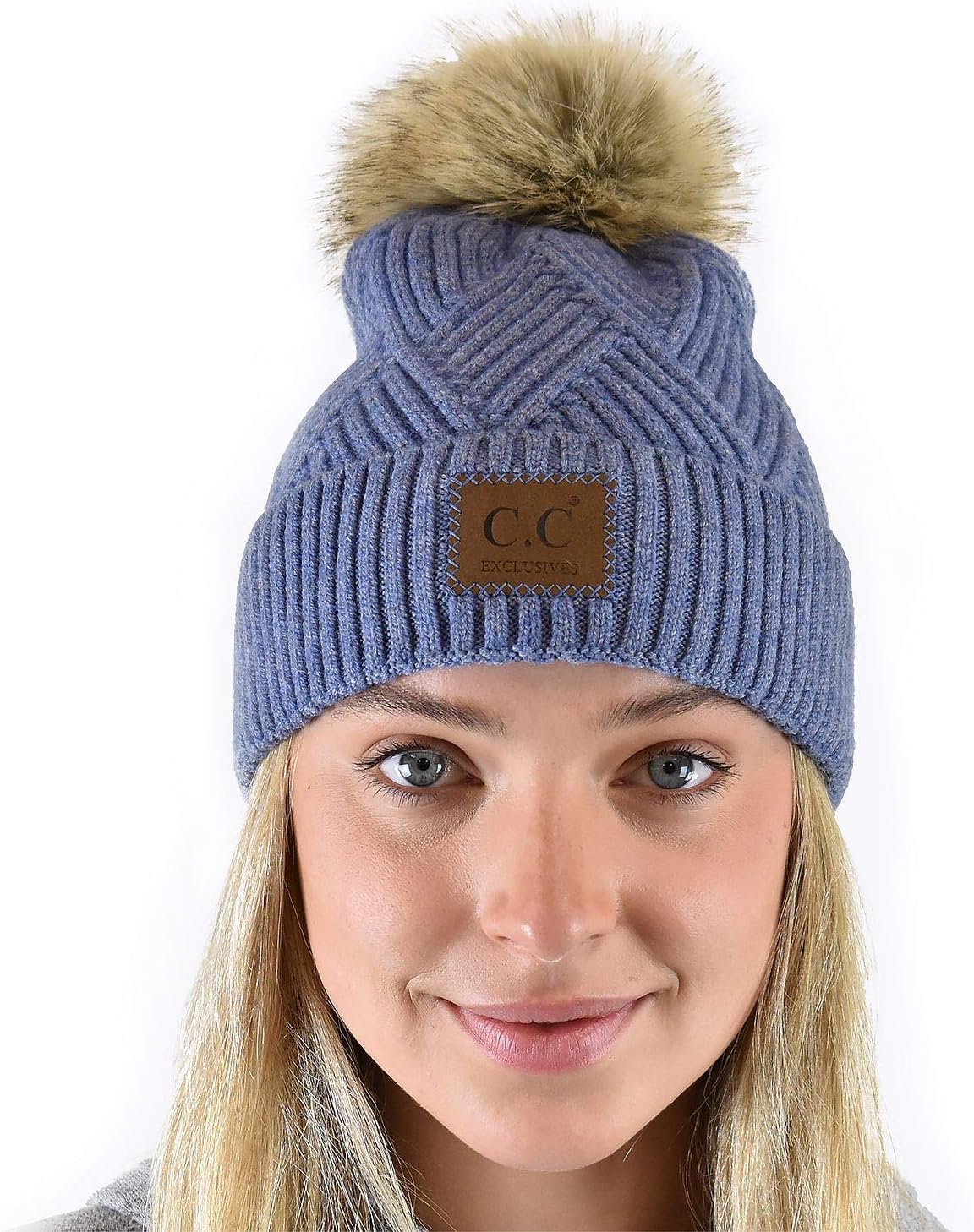 C.C Diagonal Criss Cross Pattern Suede Patch Snuggly Soft Pom Cuff Beanie