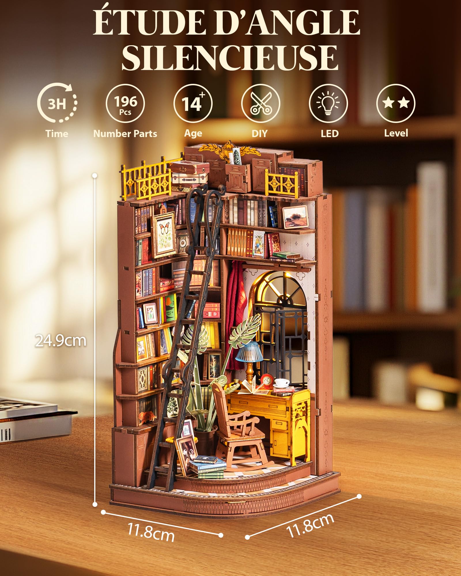 Rolife Book Nook Étude d'angle Silencieuse DIY Maison Miniature House Construction Adulte Booknook Bibliothèque Décoration Diorama Cadeau d'anniversaire de Noël pour Les Adolescents et Les Amoureux