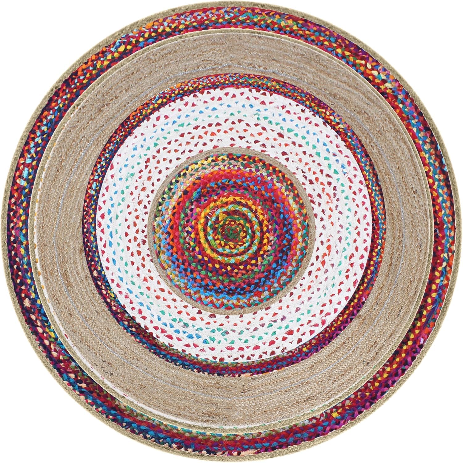 Tapis rond tressé main 2,1 x 1,8 m en coton et jute beige multicolore