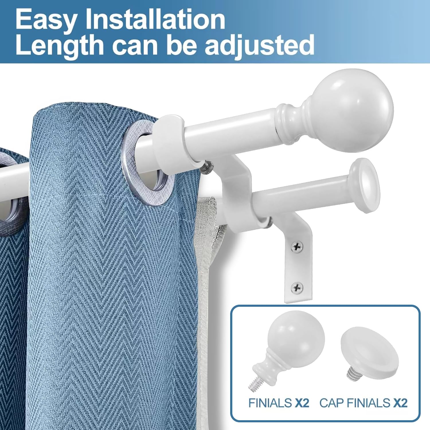 Urbanest Ball Adjustable Double Drapery Curtain Rod Set, 5/8", 84"-120", Glossy White