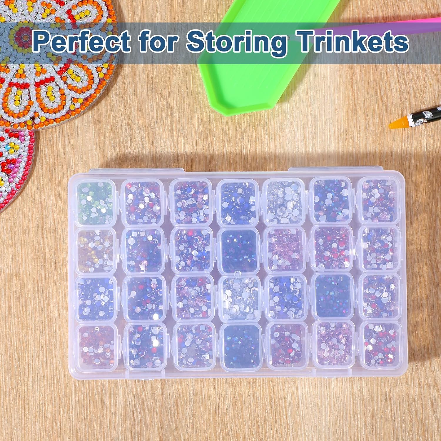 20 Packs Diamonds Painting Storage Box, 28 Grids Bead Organizer Box with 10 Sticker Sheets, Clear PP Plastic Craft Organizer for Small Items, Portable Art Accessories