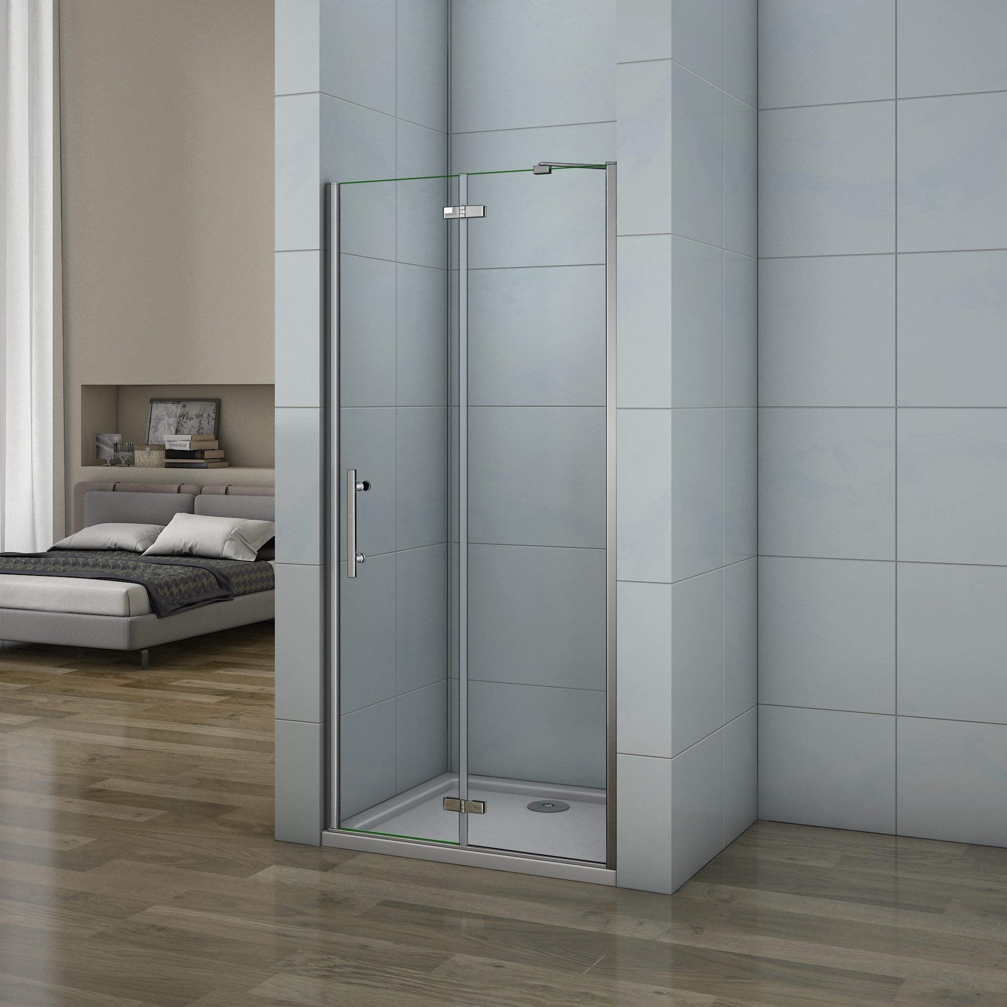 195cm Porta Doccia per Nicchia Apertura Battente Con Barra Stabilizzatrice Vetro 6mm Temperato Trasparente Anticalcare Larga 80cm