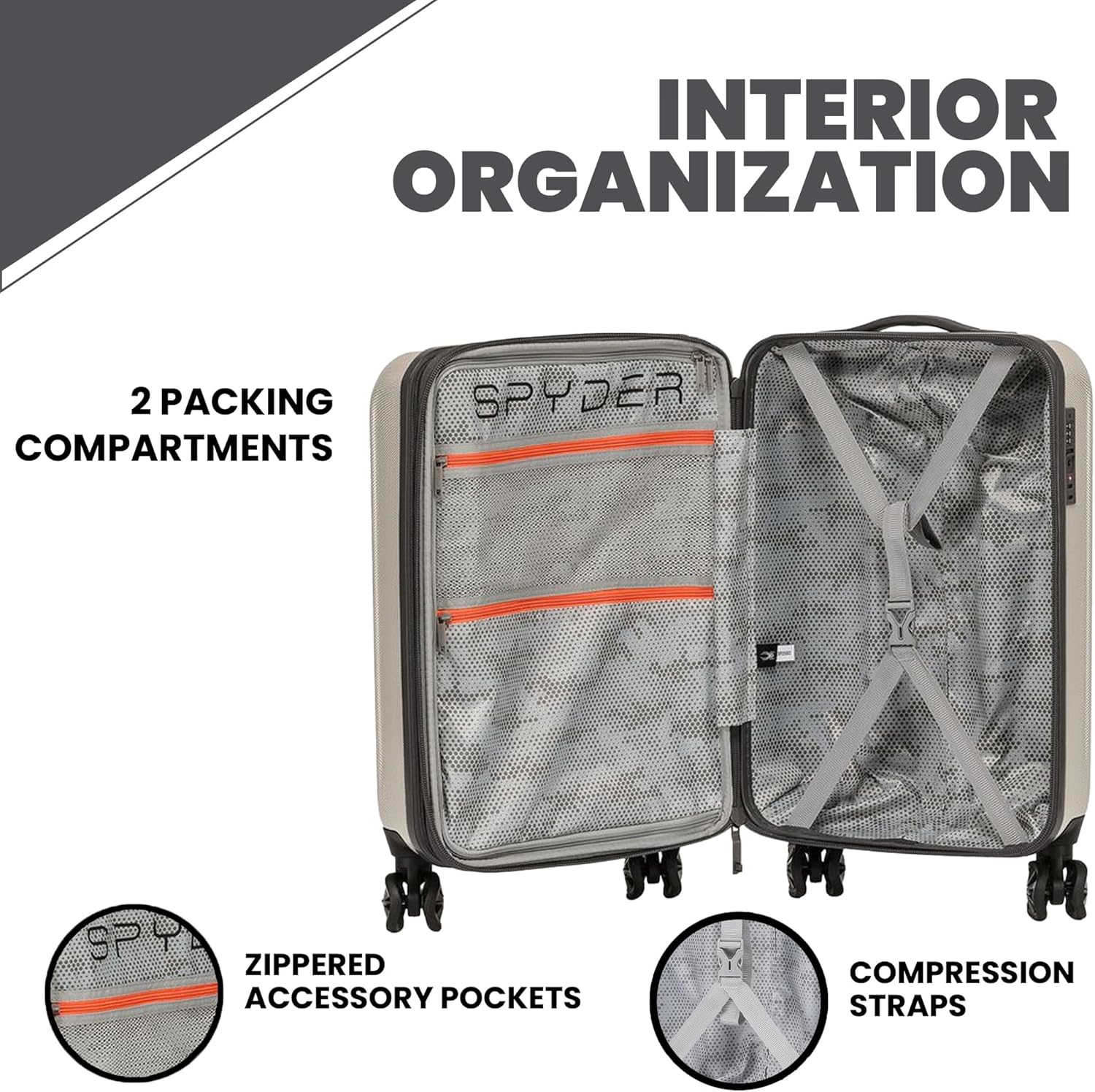 Spyder Rails Expandable Hardside Upright Suitcase with 360° Spinner Wheels, TSA Approved Lock (Oatmeal, Carry-On)