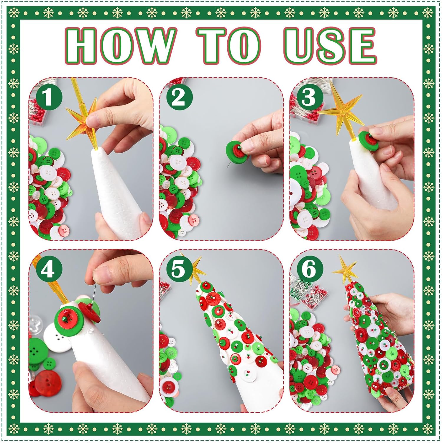 Rotatingpals 4 Set 9.84 Inch DIY 2025 Christmas Tree Decorations Foam Cones With Resin Buttons, Head Pins, Star Topper for Home Table Centerpiece Crafts Xmas Party Decoration