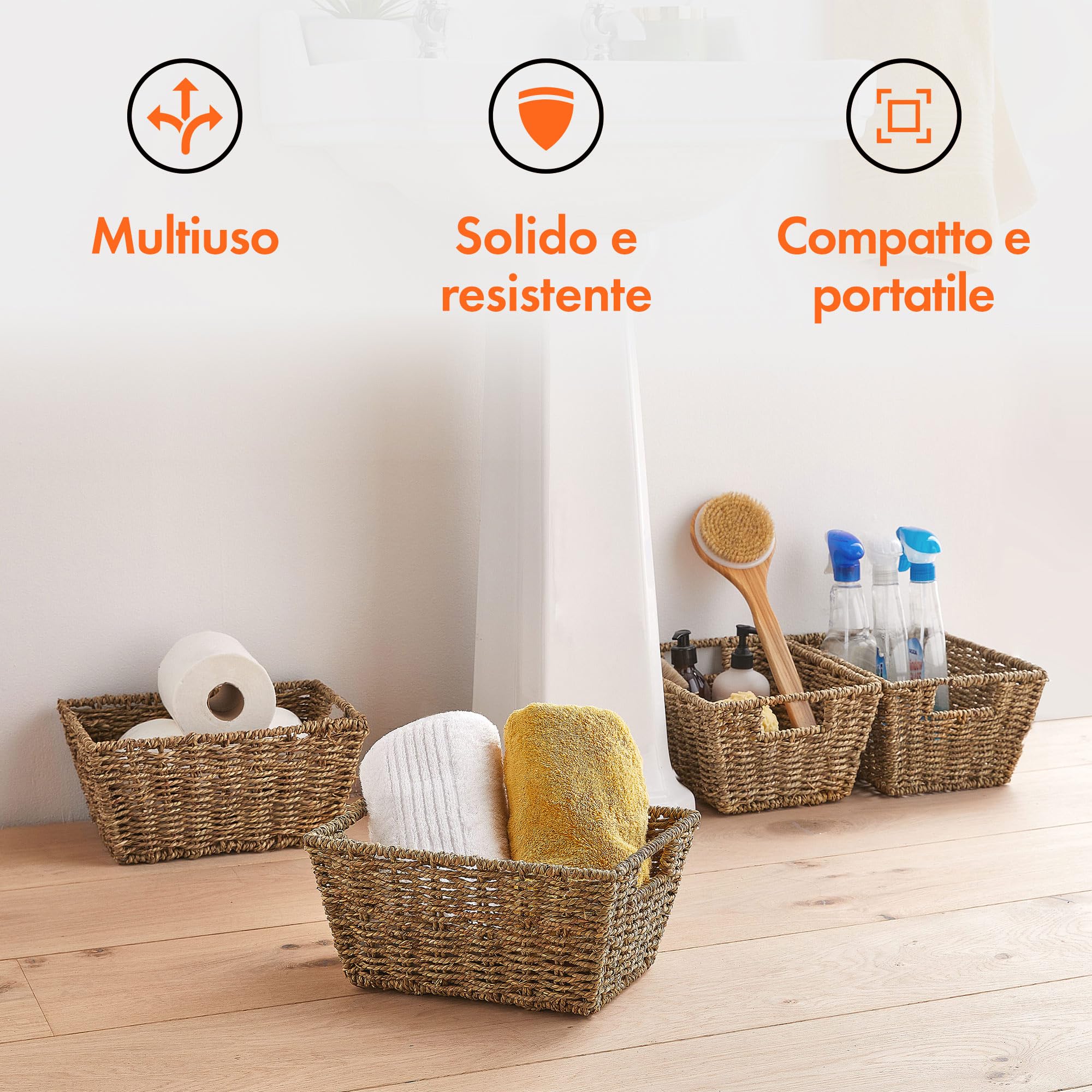 VonHaus Ceste Portaoggetti in Seagrass, Set di 4 Cestini Portaoggetti Intrecciati a Mano - Cestini Portaoggetti Bagno in Seagrass Naturale con Manici - Cestini Ufficio e Camera
