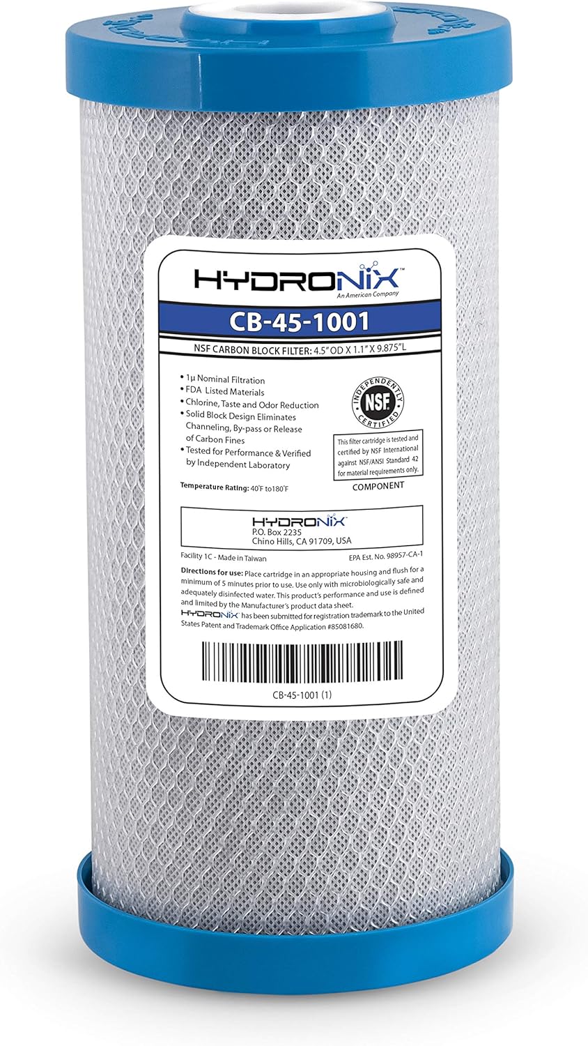 Hydronix CB-45-1001 Whole House Commercial Hydroponics RO NSF Activated Carbon Block Water Filter, 4.5" x 10", 1 Micron