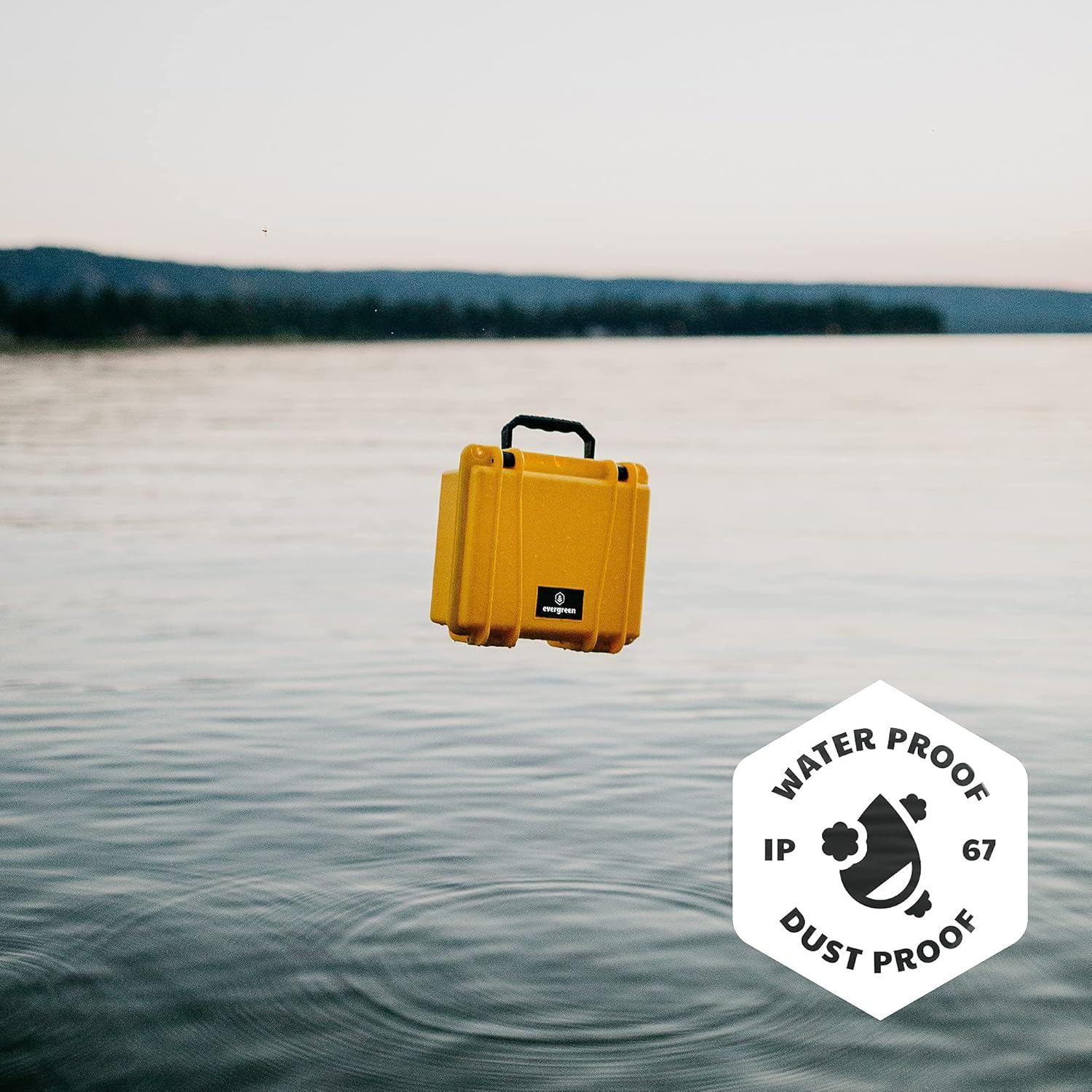 Yellow Evergreen 300 case floating above water with 'Waterproof Dustproof IP67' badge.