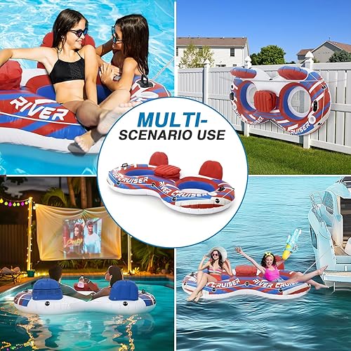 Miniatura 9 de 2025 Upgrade River Tube Floats for Adults Heavy Duty Pool Floats Inflatable Water Tube with Cup Holeder, Drink Cooler and Mesh Bottom Backrest (2