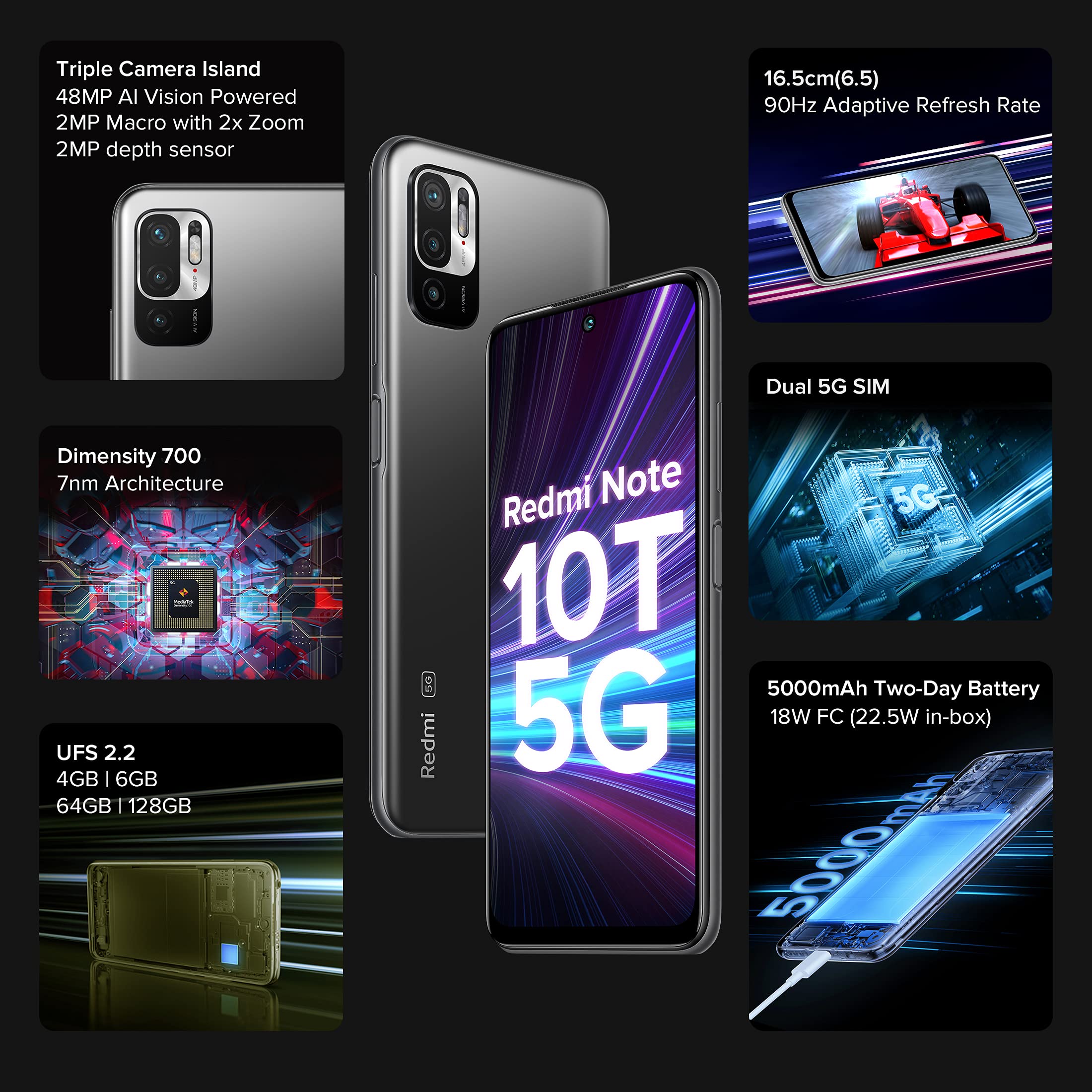 Redmi Note 10T 5G (Graphite Black, 4GB RAM, 64GB Storage) | Dual5G