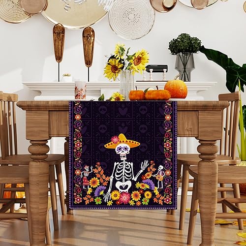 Miniatura 2 de Camino de mesa del Día de los Muertos Día de los Muertos, mantel mexicano de Halloween, calavera de azúcar, decoración de mesa para el hogar,