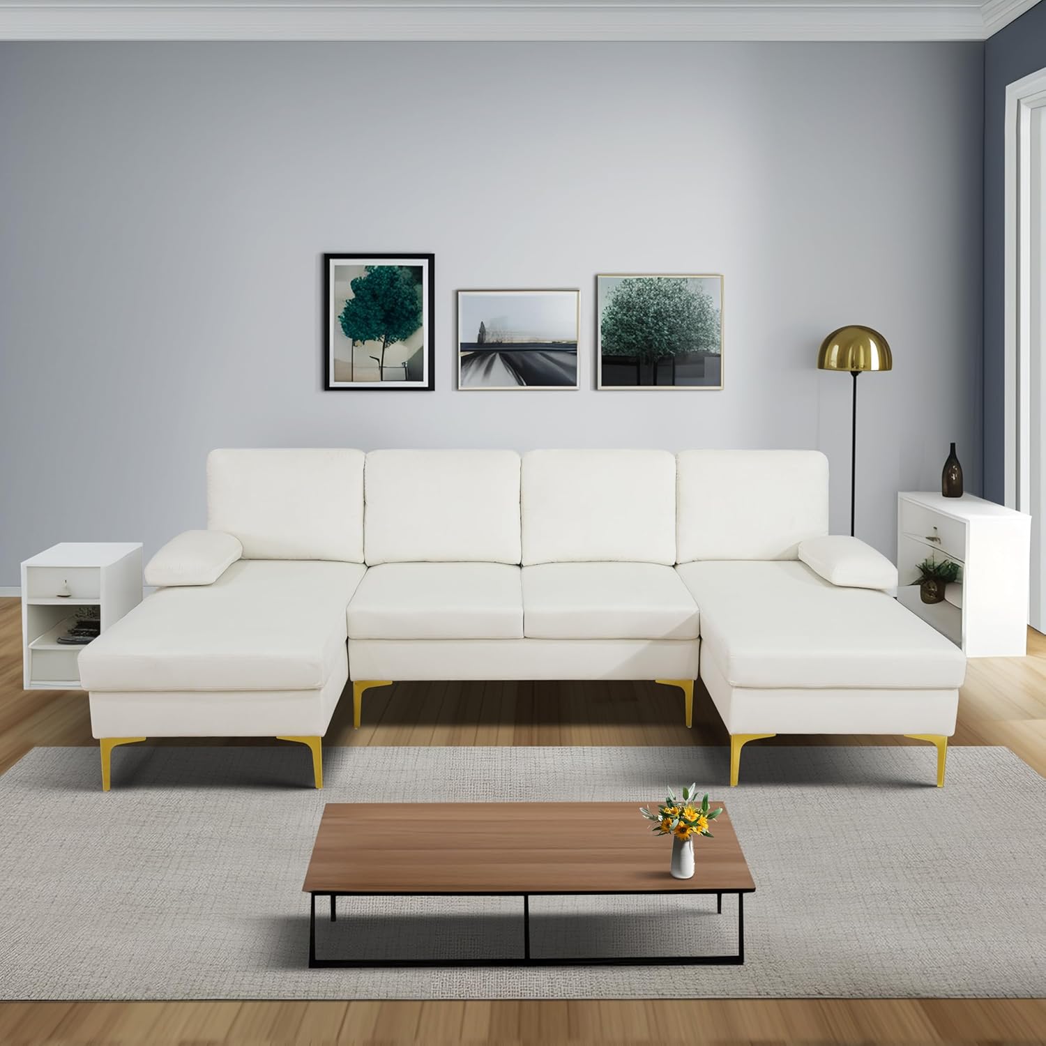 Sectional Couches for Living Room, U Shaped Couch with Soft Flannel Fabric, 4 Seat Modern Sofa with Washable Removable Pillows for Apartment (Fabric, Off-White)