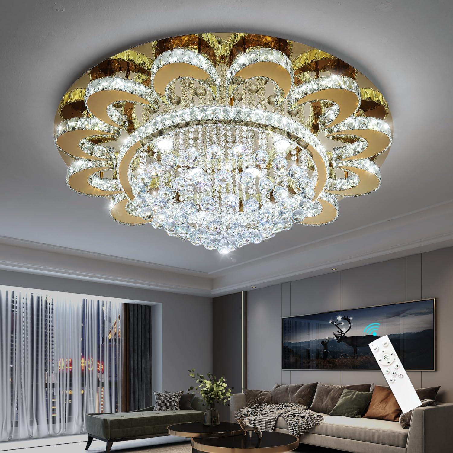 HAIXIANG Modern Chandelier Living Room Light Glam Chandeliers Ceiling Light Fixture Remote Dimmable Lights 40 Inches Luxury Crystal Gold Dining Room Lights