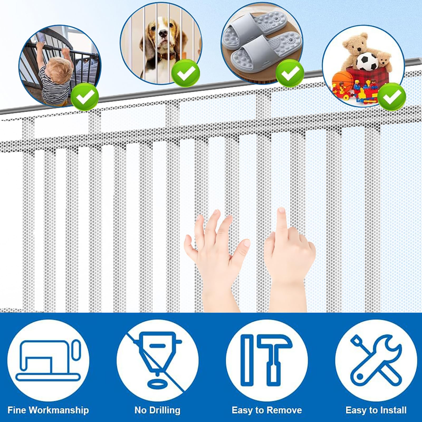 Bebé Red de Seguridad 120 x 240 cm Fuerte y Ajustable, Red de Seguridad para Balcones El Juego Incluye Bridas y Cuerdas para Niños/Mascotas/Juguete, Blanco