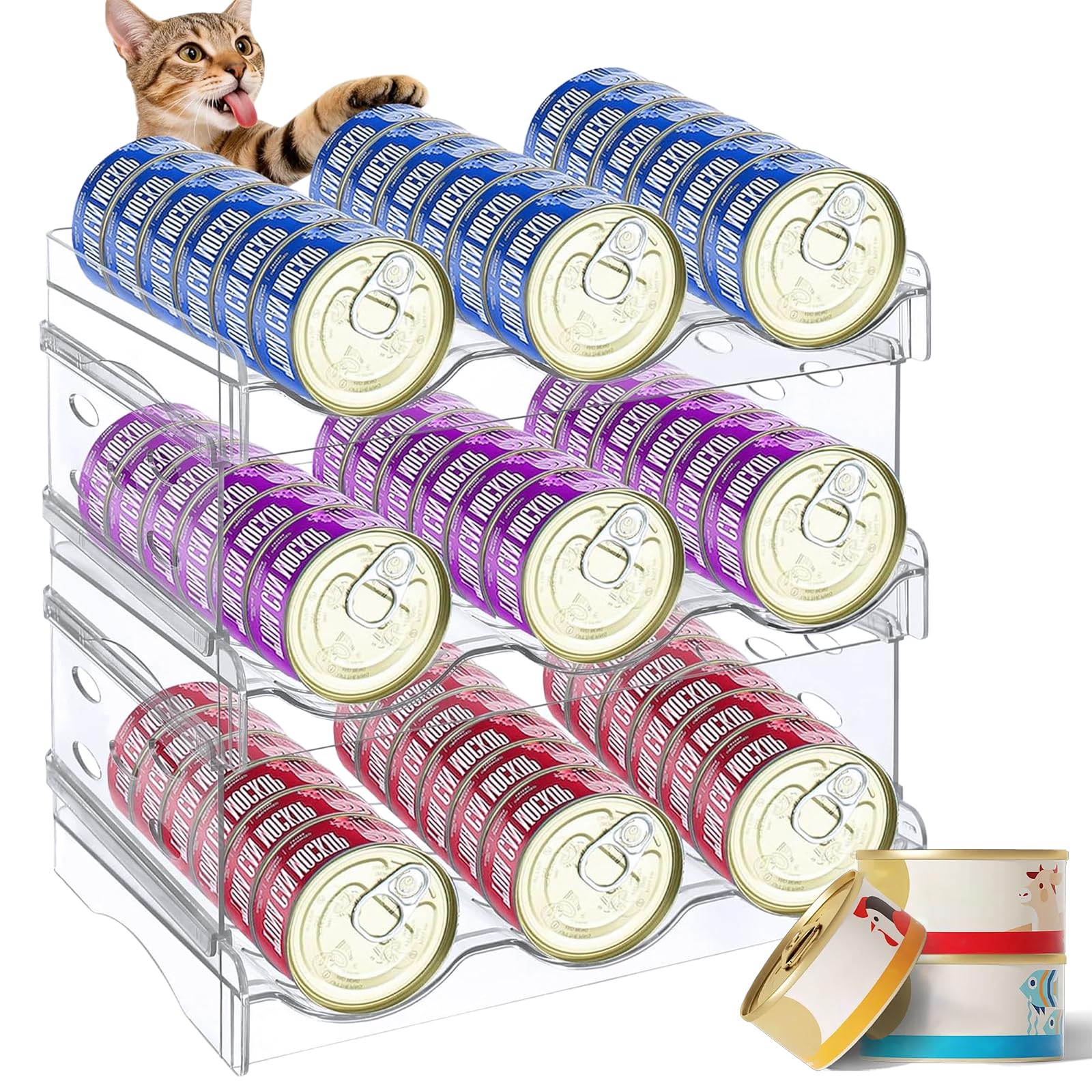 Organizador de Alimentos para Gatos, Organizador de Latas de Comida para Gatos para Despensa Estante de Almacenamiento de Alimentos Húmedos para Nevera, Armario, Cocina (3 Capas)
