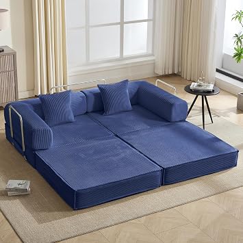 78" Convertible Sleeper Sofa Bed, Modular Corduroy Couch with 2 Pillows, Compressed Floor Sofa for Living Room, Bedroom Blue