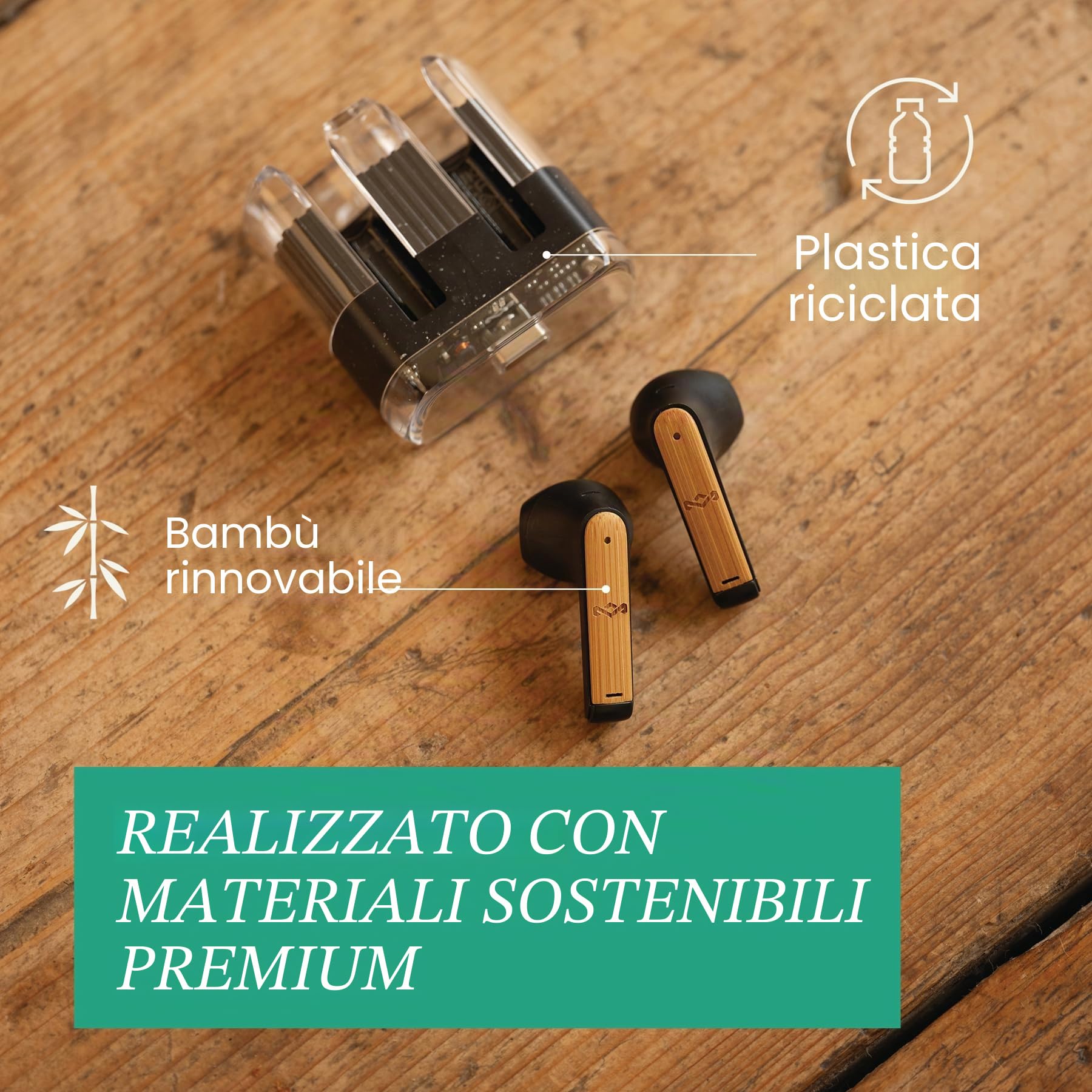 Marley House of Zion True Wireless Bluetooth Earbuds In-Ear - Nero | Auricolari con Microfono Integrato, 16 Ore di Autonomia, Cuffie, Custodia USB-C, Materiali Sostenibili