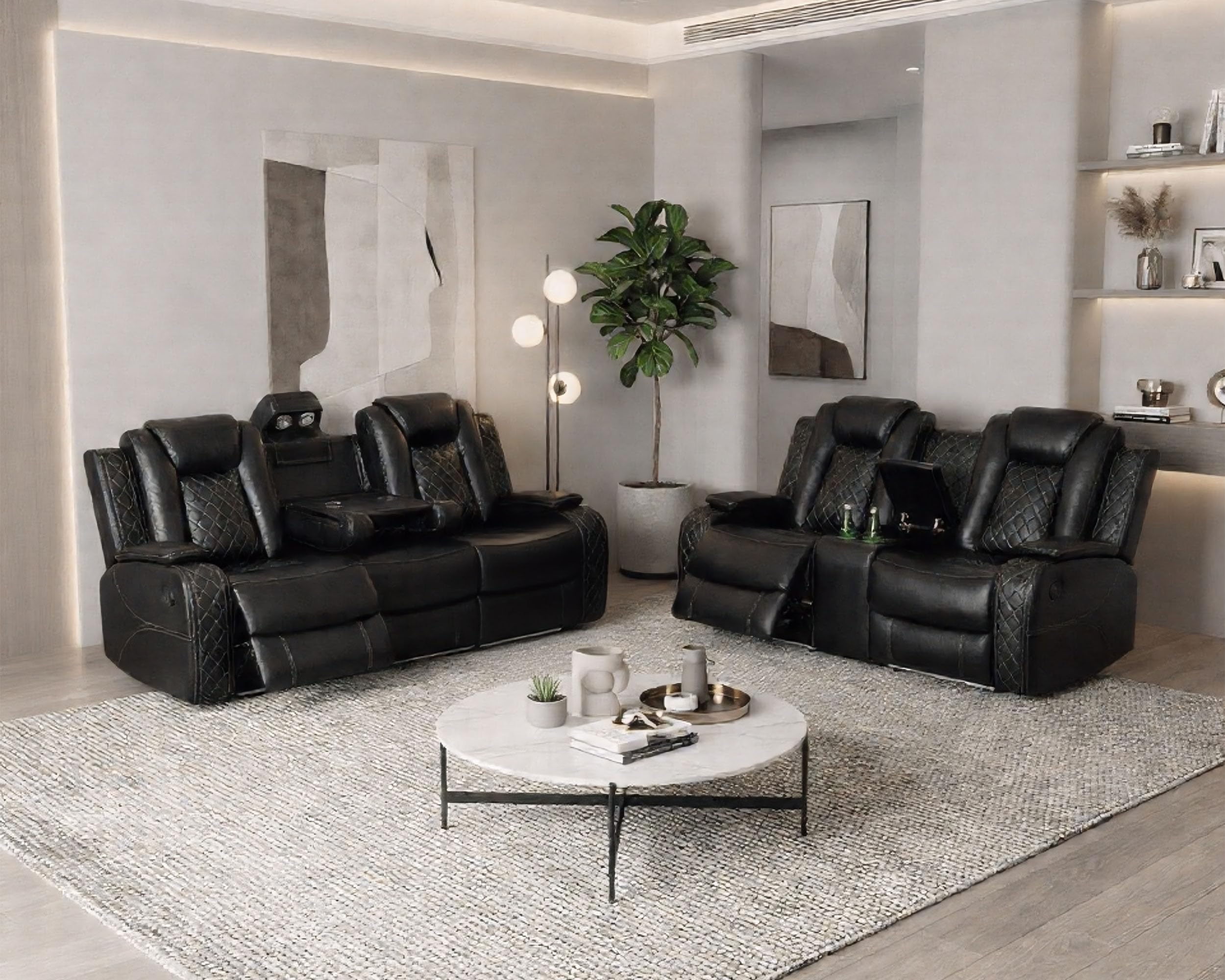 Ocstta Power Recliner Sofa and Loveseat Set, Breathing Leather Living Room Set, 2 Piece Reclining Couch Set with LED Lighting/Cup Holders/Storage/USB