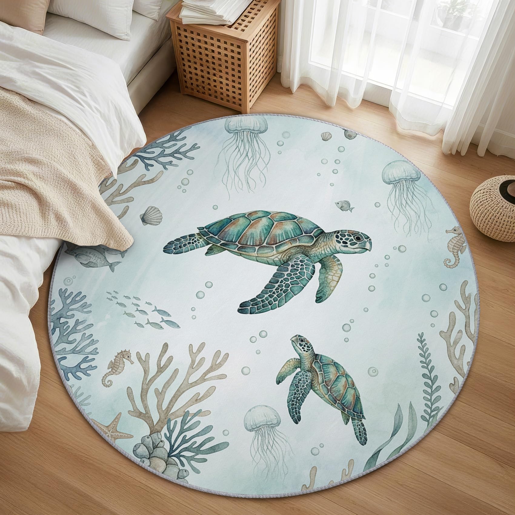 Schildkröte Teppich Rund 120cm Kurzflor - Waschbare Teppiche Wohnzimmer Meerestiere Koralle Ozean Thema - Runder Teppich 120 Durchmesser Kinderzimmer - Bettvorleger rutschfest Weich