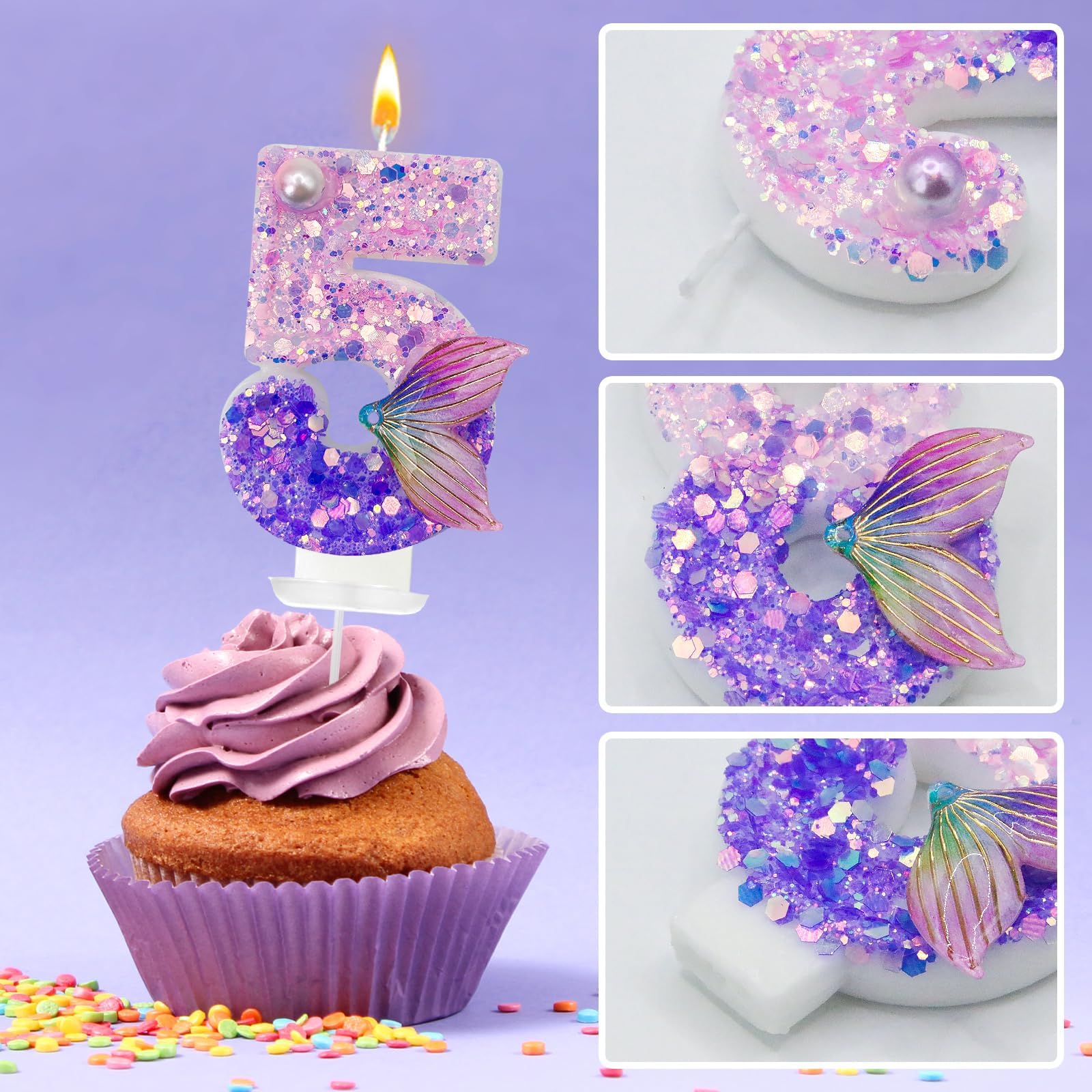 Candele Numero Sirena, 6 Pezzi Per Torta, Decorazioni Tavolo Con Conchiglie E Paillettes, Numero 8, Viola E Rosa, Perfette Per Festa A Tema Marino