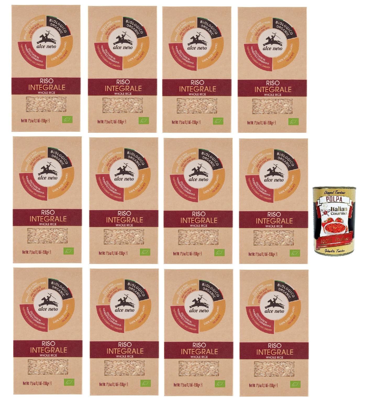 Italian Gourmet Riso Integrale 12 x 500g Vollkornreis per Salate e Suppen | Cereale naturale al 100%, naturbelassene Körner; ideale Basis für minestre, Gesamtnettogewicht 6 kg + Kostenlos Polpa 400g