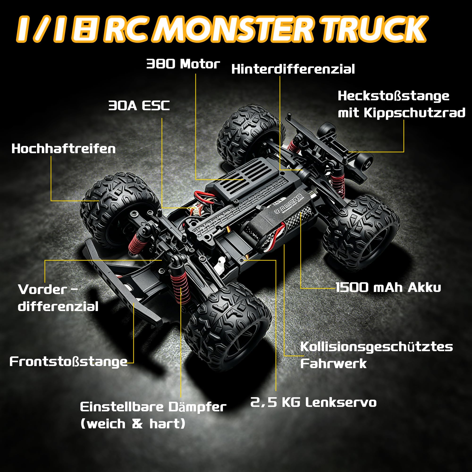 Coche Teledirigido 1:18, RC Car 40 km/h, Camión RC Todoterreno 4WD | 2 baterías, Resistencia al agua IPX4, Tracción en las cuatro ruedas, resistente a los impactos