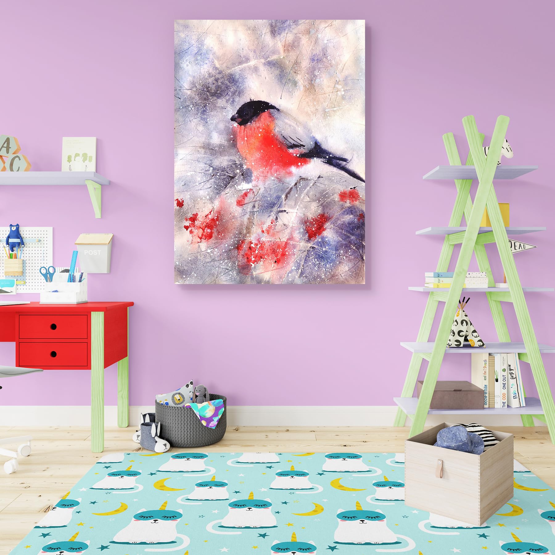 Pitaara Box Bullfinch Sitting On A Branch Unframed Canvas Painting 16 X 22.1Inch