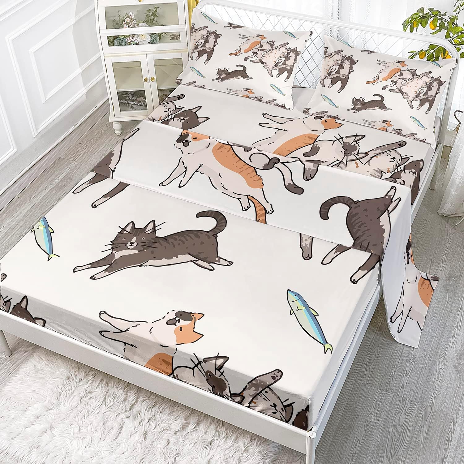 CVHouse Kawaii Bed Set Sheets Queen Size,Kawaii Cat Bedding
