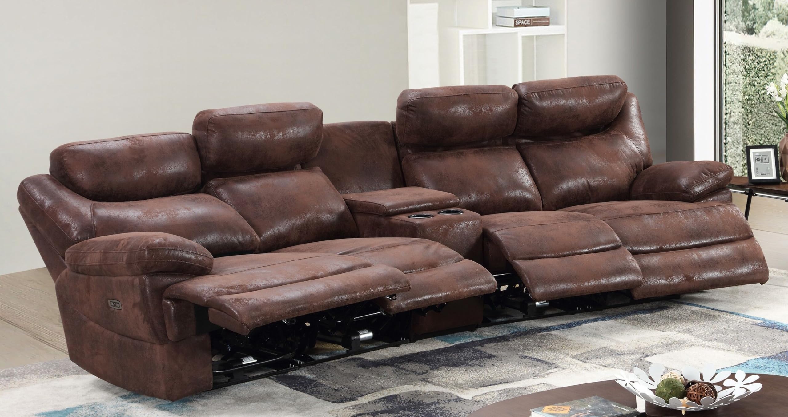 MAPO 3581 4-Sitzer Kinosofa elektrisch verstellbar | Heimkino Relaxsofa aus Leder mit Cupholder & Ablagefach | Rückenlehne, Fuß- & Kopfstütze | Braun