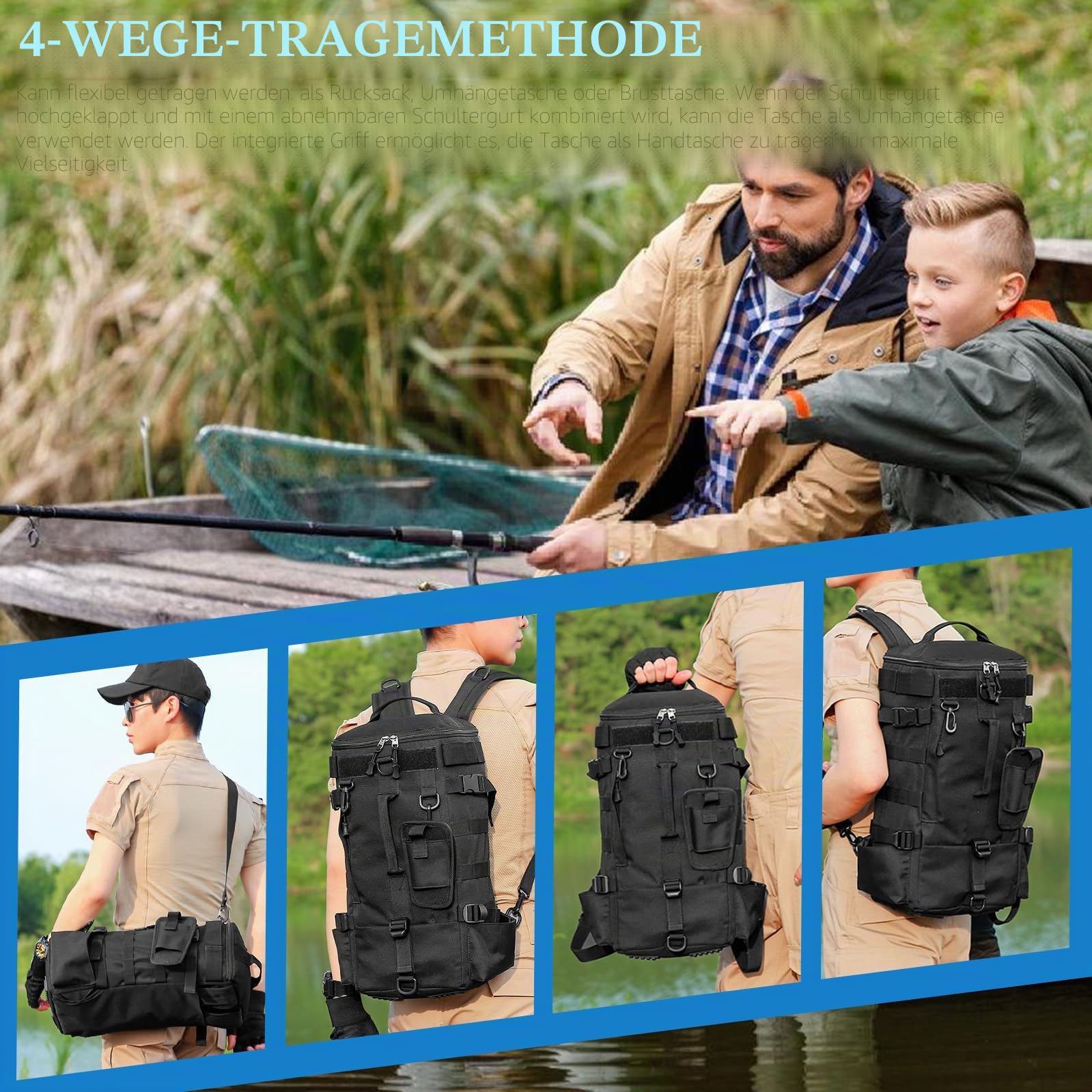 Groß Angelrucksack mit Rutenhalter, wasserdichte Angelgerät Rucksack, Multifunktional Militär Rucksack, für Camping, Outdoor Sport, Angeln, Wandern, Radfahren - Schwarz, 45 x 16 x 23 cm