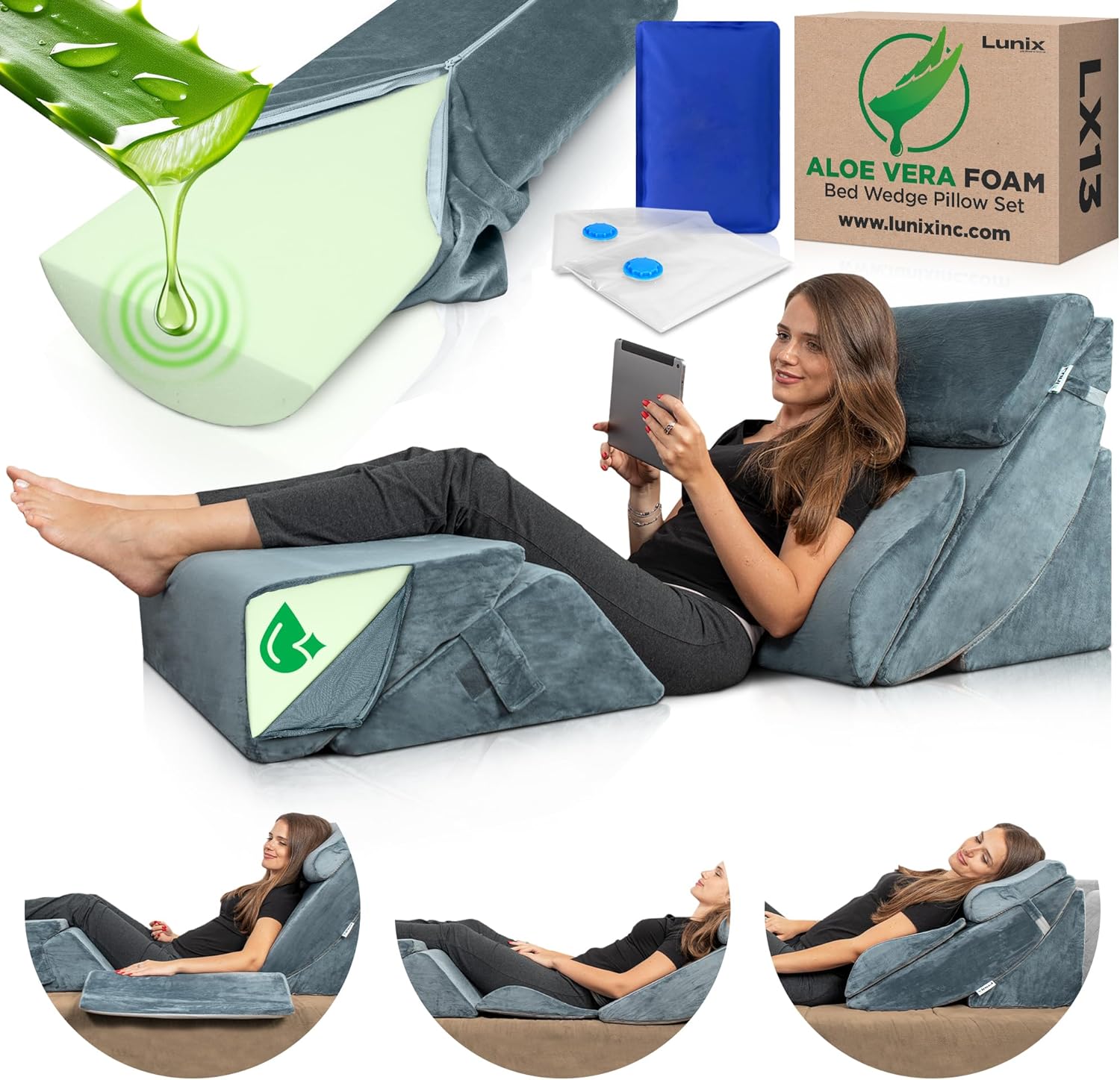 Lunix 6pcs Orthopedic Bed Wedge Pillow Set, Post Surgery Aloe Vera Memory Foam for Back, Neck, Leg Pain Relief, Adjustable Sitting Pillow for Sleeping, Acid Reflux and GERD, with Hot Cold Pack, Navy