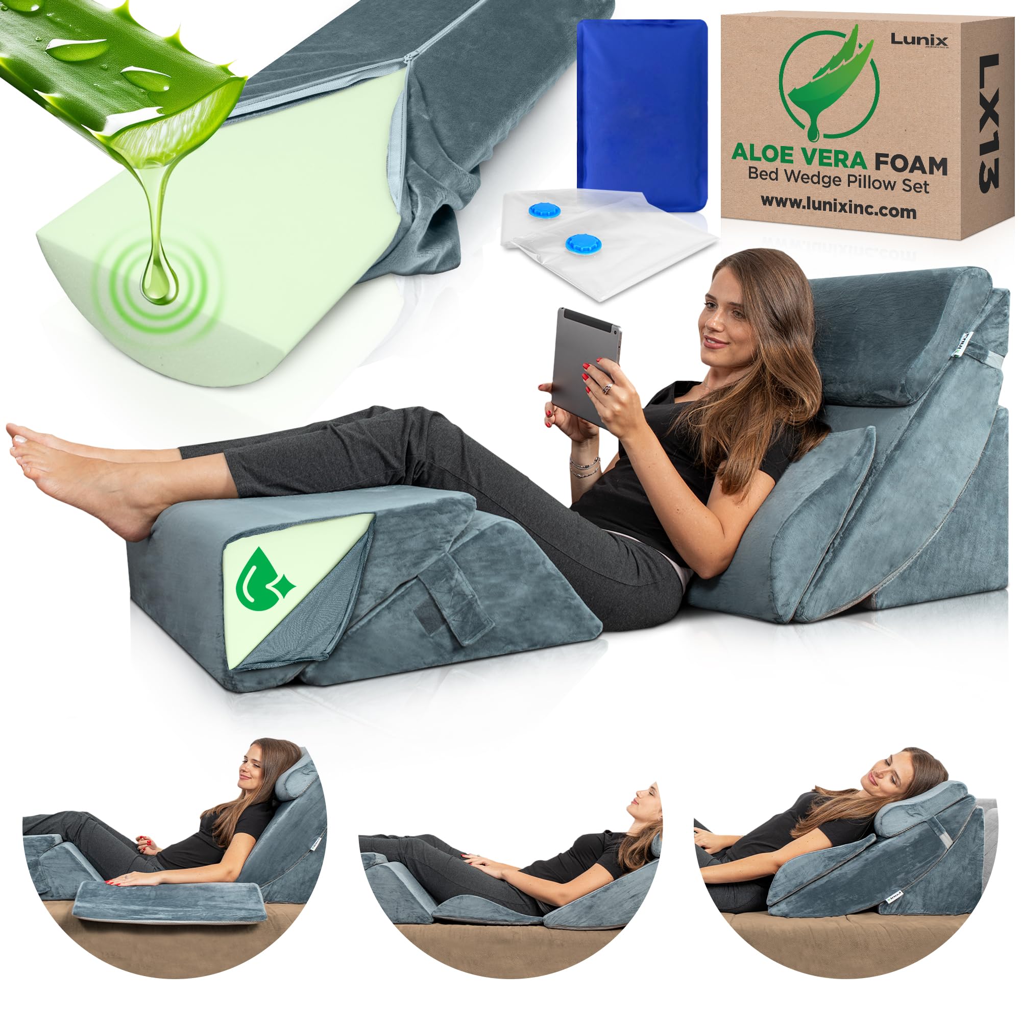 Lunix 6pcs Orthopedic Bed Wedge Pillow Set, Post Surgery Aloe Vera Memory Foam for Back, Neck, Leg Pain Relief, Adjustable Sitting Pillow for Sleeping, Acid Reflux and GERD, with Hot Cold Pack, Navy