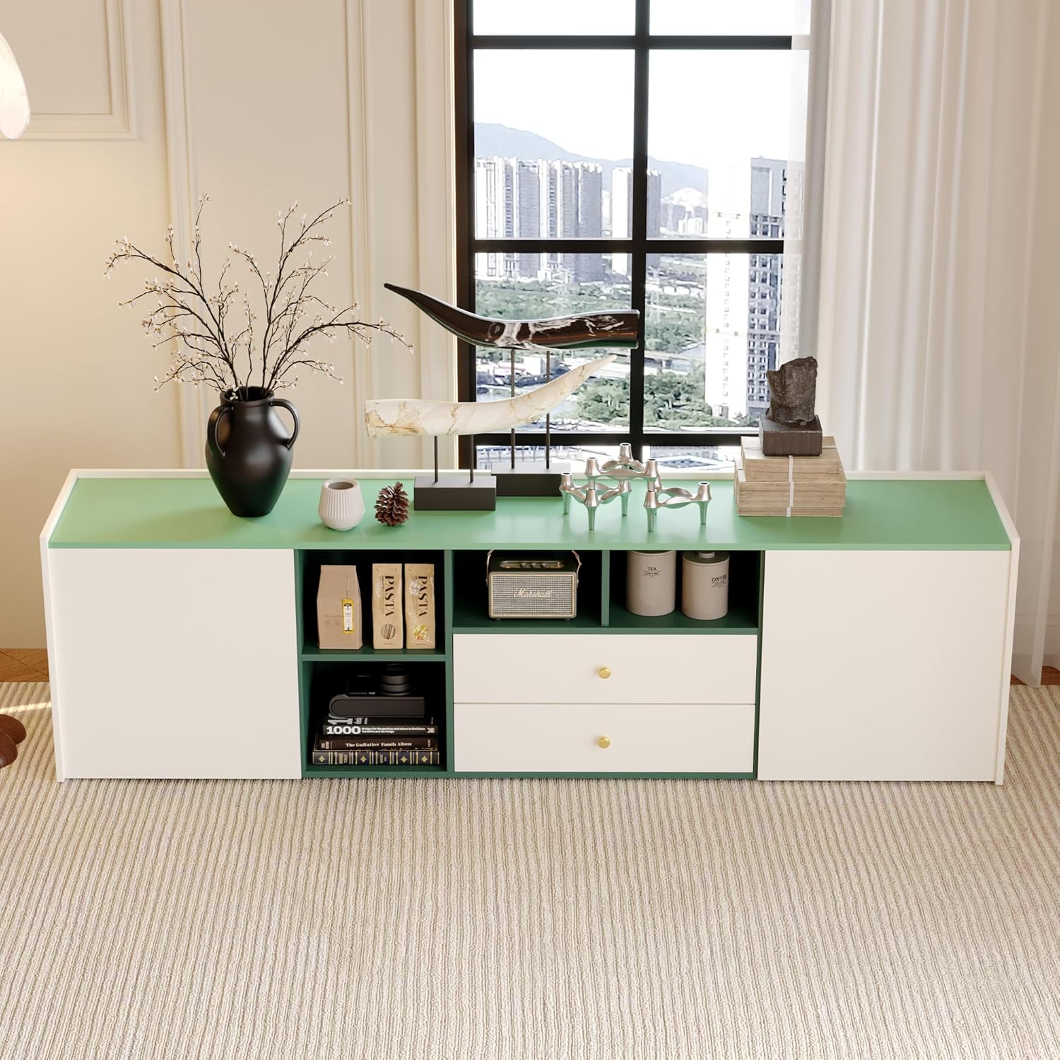 78.74" Modern TV Stand with Storage, Media Console and Entertainment Center for 80 Inch TV, for Living Room or Bedroom, Green and White