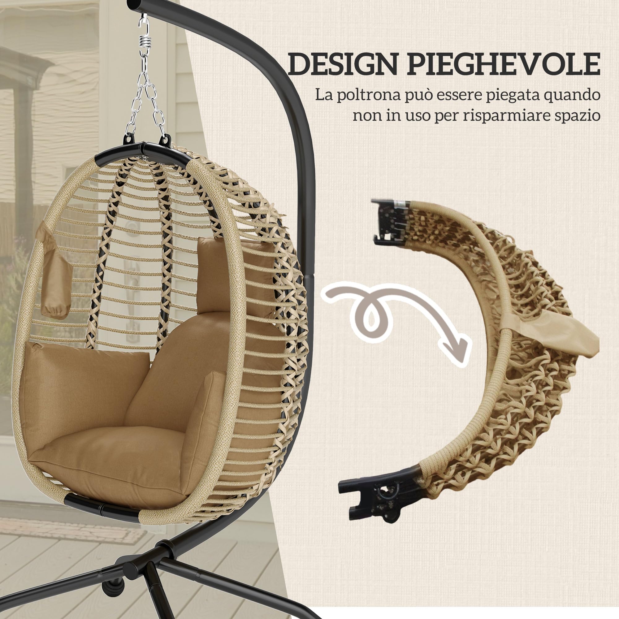 Outsunny Poltrona Sospesa a Uovo con Gancio, Cuscino Imbottito e Poggiatesta, Sedia a Dondolo da Giardino Pieghevole, Base a X in Acciaio, per Interni ed Esterni, 110x100x188 cm, Beige