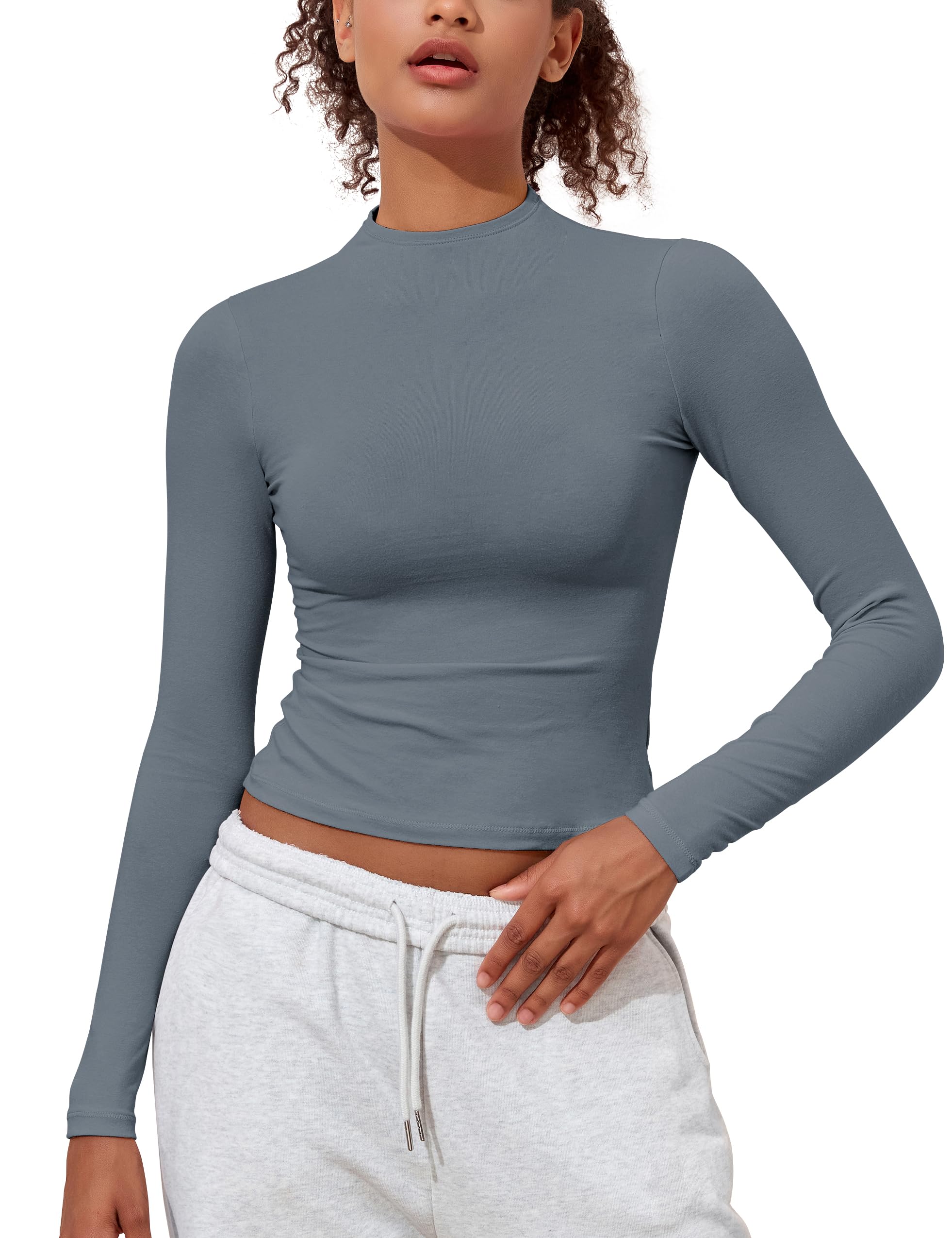 Hilor Camisetas de manga larga para mujer, básicas, de algodón, cuello alto, ajustadas, para salir, camisetas cortas Y2K