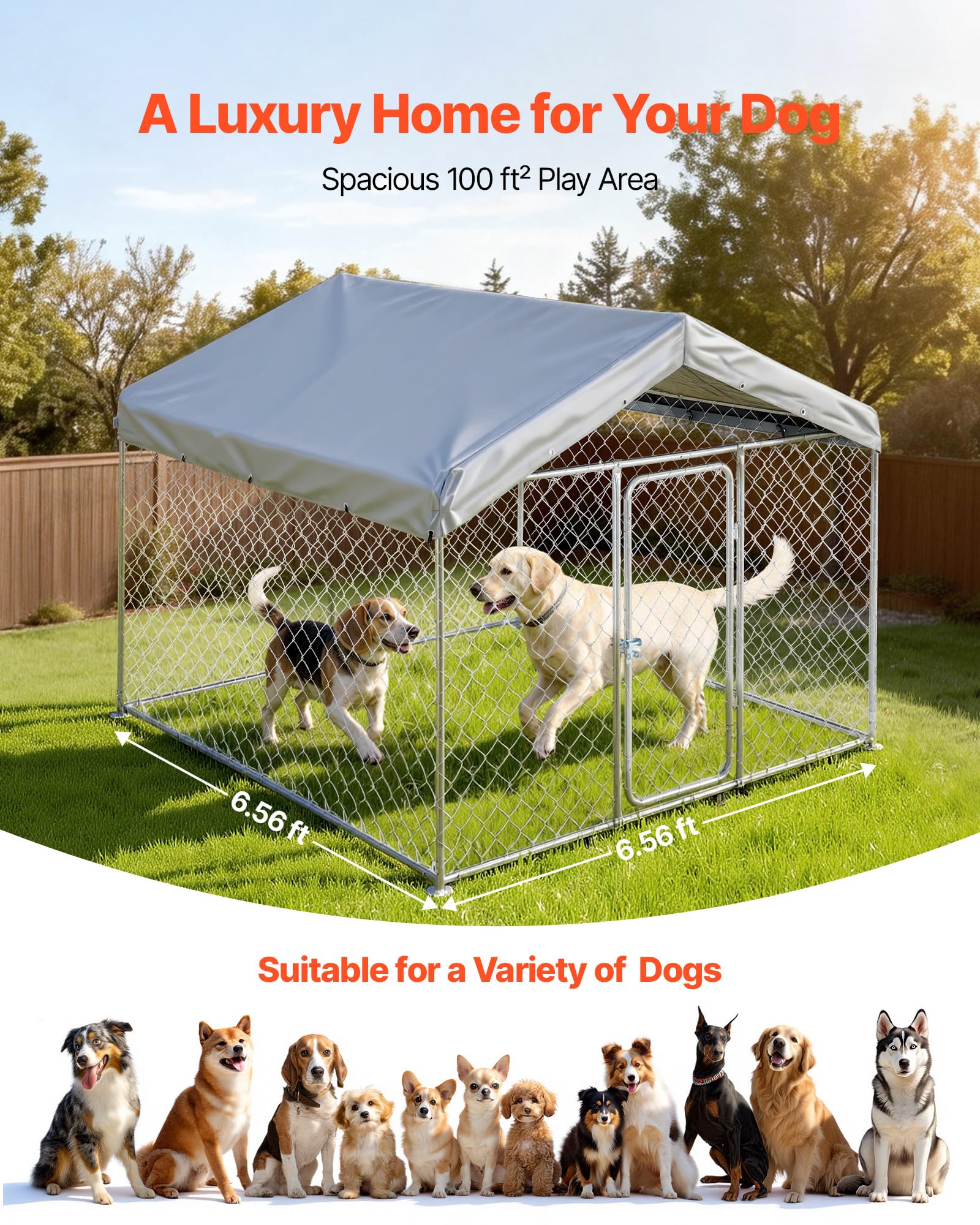 VEVOR Hundezwinger, 2x2x1,6 m, Hundehütte mit Sicherheitsschloss, Outdoor Hundehaus mit UV-Beständiger & Wasserdichter Dachabdeckung, Robuste Hundegehege/Auslauf für Große Hunde