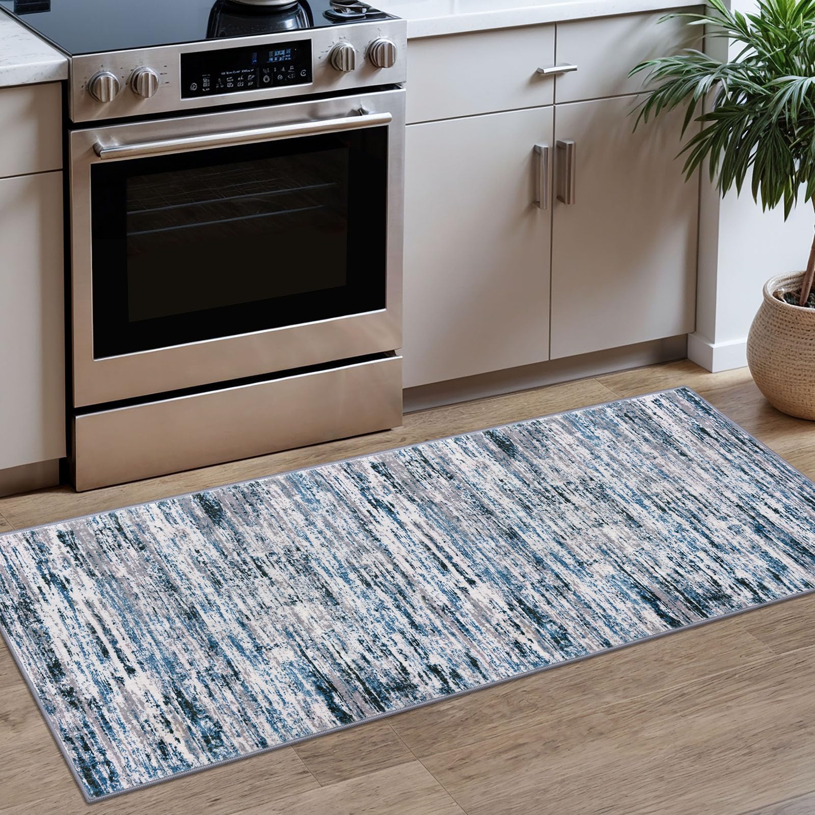 Lansny Modern Abstract Runner Rug 2x5, Grey Blue White Washable Entryway Kitchen Runner Non-Slip Soft Hallway Rug Runner Thin Print Faux Wool Carpet
