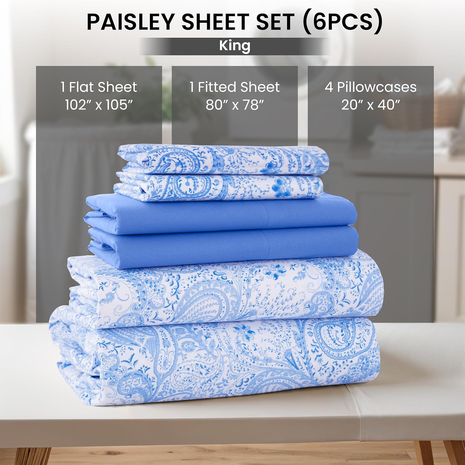 Ultra Soft Wrinkle-Free Microfiber Paisley King Sheet Set, Breathable Boho Bed Sheet Set – 16" Deep Pocket Fitted Sheet, Flat Sheet & 4 Pillowcases, Juegos de Sábanas, OEKO-TEX - White/Blue - Image 7