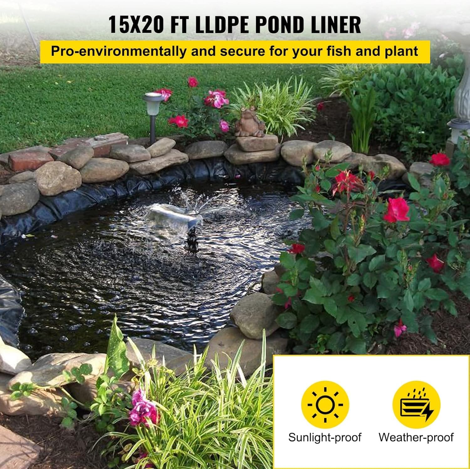 Towallmark 15x20 ft Pond Liner, 20 Mil Thickness, Pliable & Durable LLDEP Material, Easy Cutting & UV Resistant, for Fish or Koi, Features, Waterfall Base, Fountains and Water Gardens