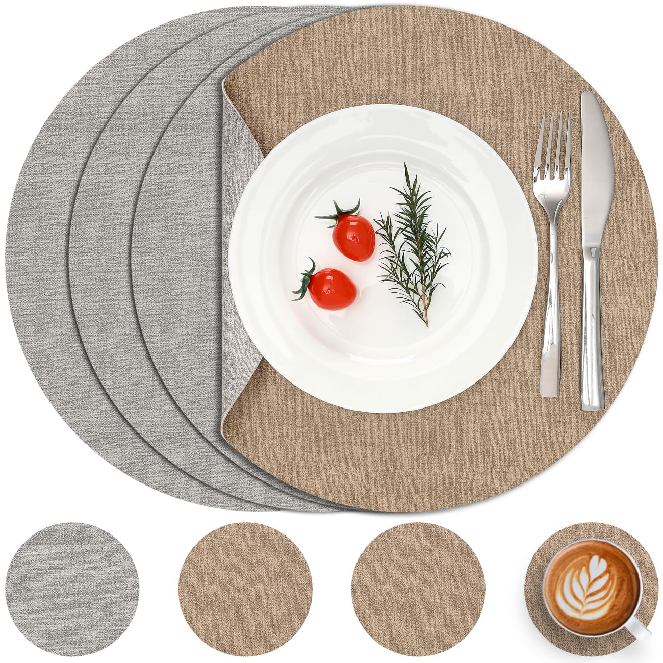 Myir JUN Tischsets Abwaschbar Leder und Untersetzer, Doppelseitigen Platzset Rund Ø 36cm 4er Set rutschfest Glasuntersetzer Platzdeckchen Leder Kunstleder Tischset