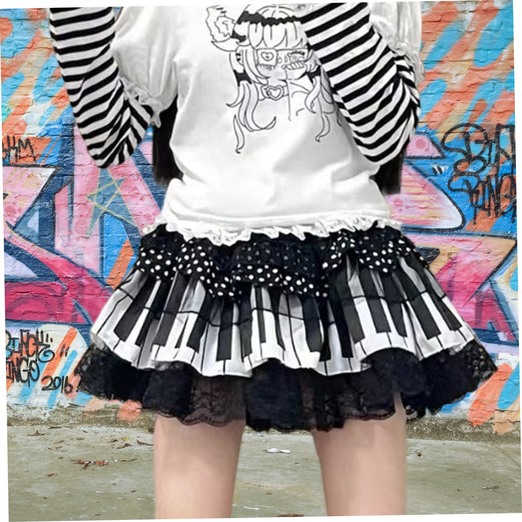 Klavierrock trendy Klavierschlüssel Plissierte süße Spitzenröcke mit elastischer Taille für Frauen Teenager Mädchen, Schwarz und Weiß