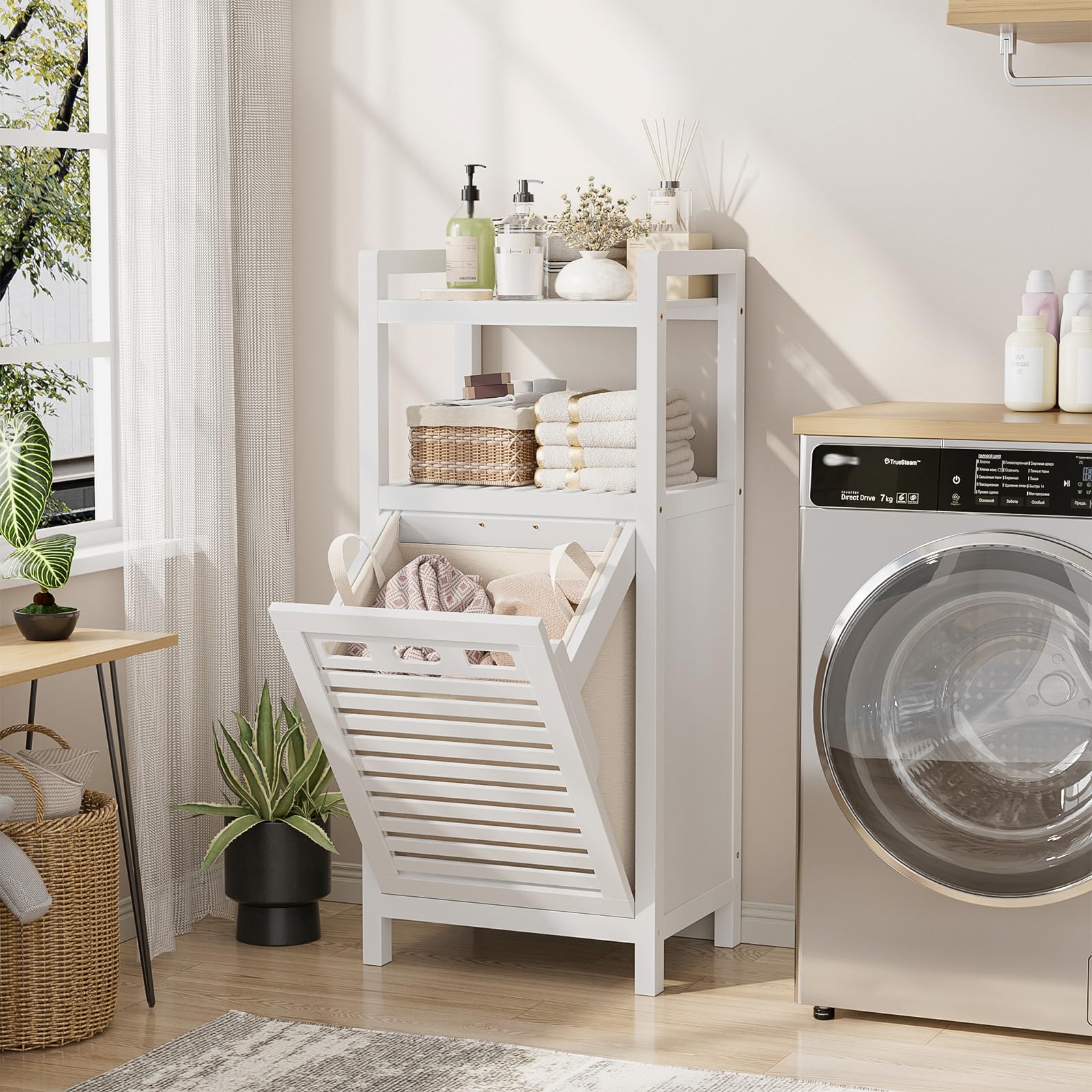 Homykic Tilt Out Laundry Hamper, 10 Gal Bamboo Laundry Storage Cabinet with Remo — product photo